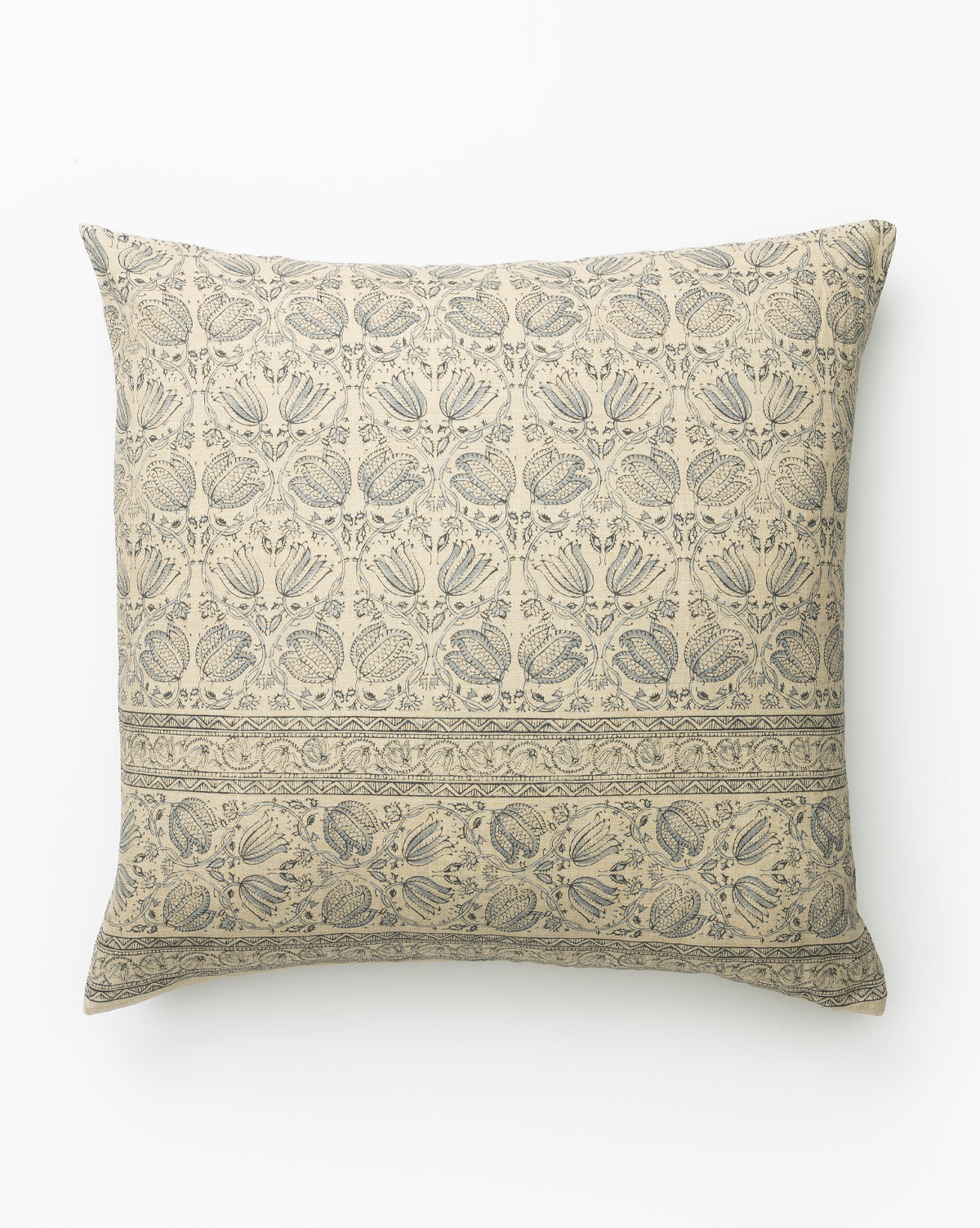 The Danny Floral Print Pillow Cover is a square beige pillow featuring intricate dark blue floral and paisley motifs with a decorative border, all set against a plain white background for an elegant Studio McGee look by Vendixs