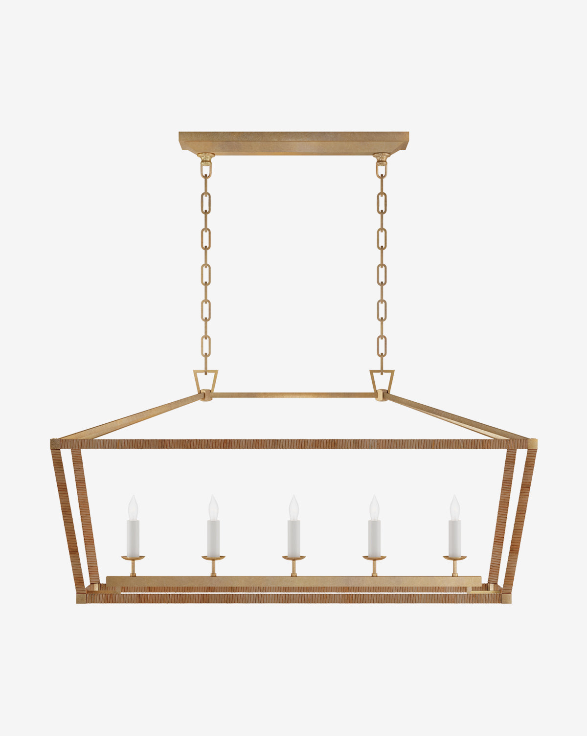 The Darlana Rattan Linear Lantern by Visual Comfort & Co. Signature is a rectangular chandelier with an open frame, suspended by two chains, and features five evenly spaced candle-style bulbs for a modern pendant look. Vendixs