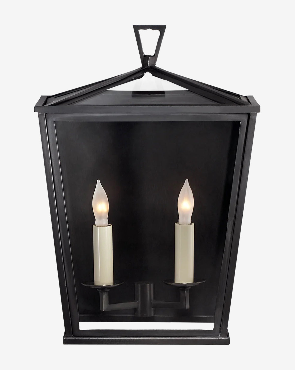 The Darlana Outdoor 3/4 Lantern by Visual Comfort & Co. Signature features a modern black metal, angular design with two candle-style bulbs, each with a flame-shaped tip and white base—ideal for stylish outdoor illumination. Vendixs