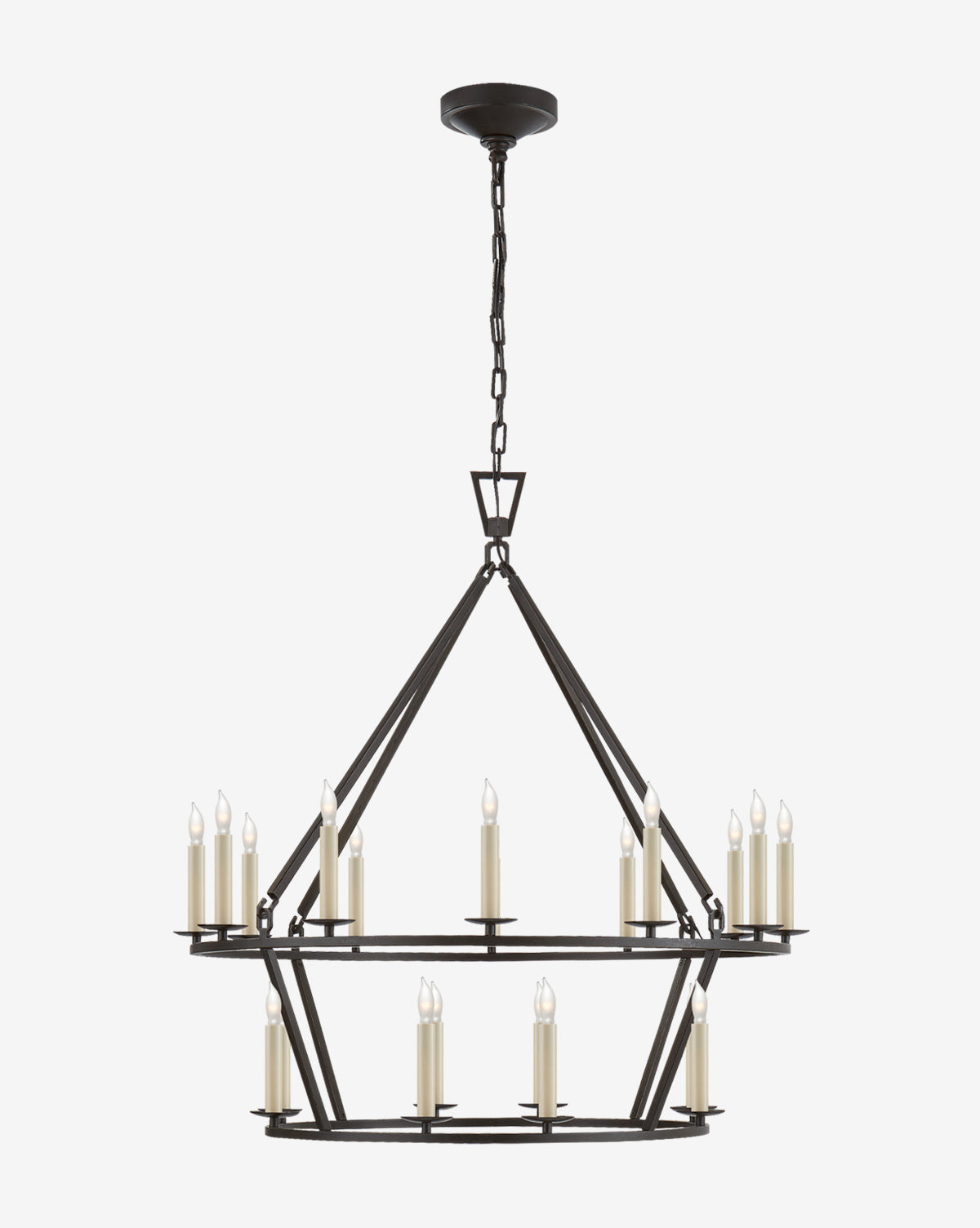 The Darlana Two-Tiered Ring Chandelier by Visual Comfort & Co. Signature features a black metal frame with two circular tiers and candle-style lamps, suspended by a chain for an elegant, industrial look, Vendixs