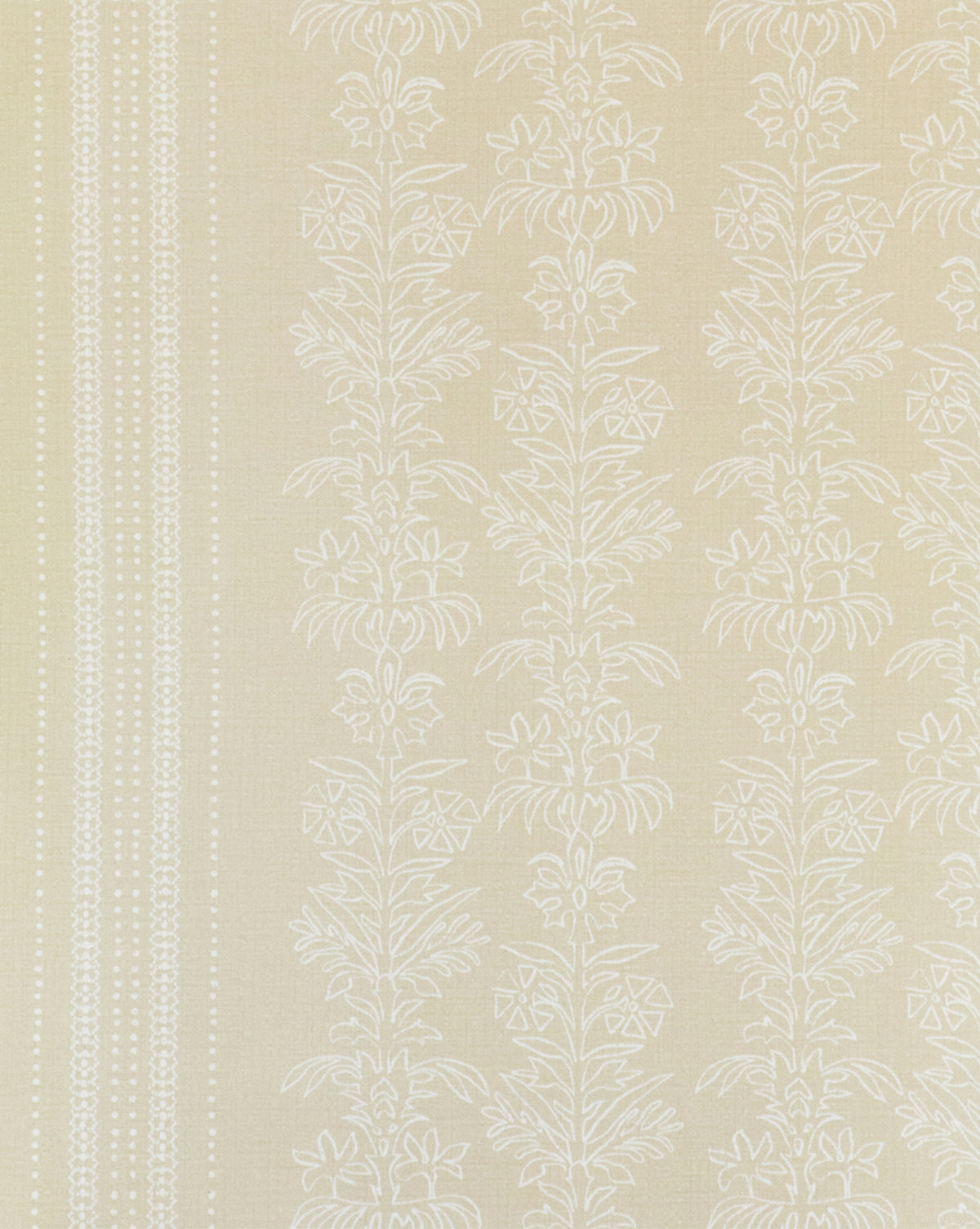Demi Floral Stripe Wallpaper by York Wallcoverings features beige fabric with white floral and dotted vertical patterns—dotted lines on the left and symmetrical floral motifs on the right—for a refined, elegant look by Vendixs