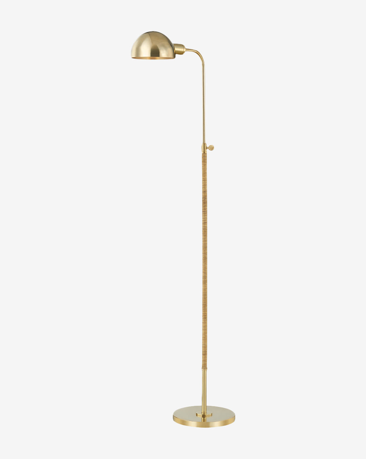 The Devon Floor Lamp by Hudson Valley Lighting features a dome-shaped shade, slender adjustable stem, and round base with a minimalist gold finish—an elegant upgrade from the classic rattan floor lamp. Vendixs