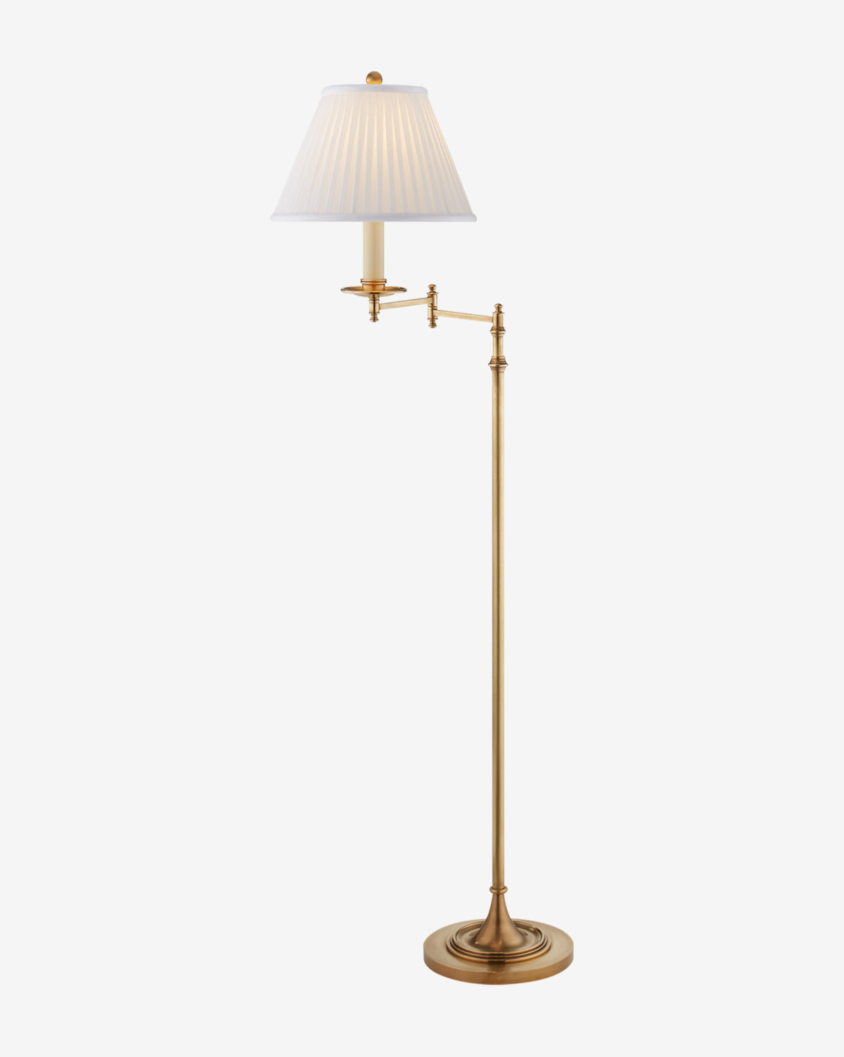 The Dorchester Swing Arm Floor Lamp by Visual Comfort & Co. Signature features a round base, slender adjustable swing arm, and white pleated shade in an antique brass finish, shown against a plain white background. Vendixs
