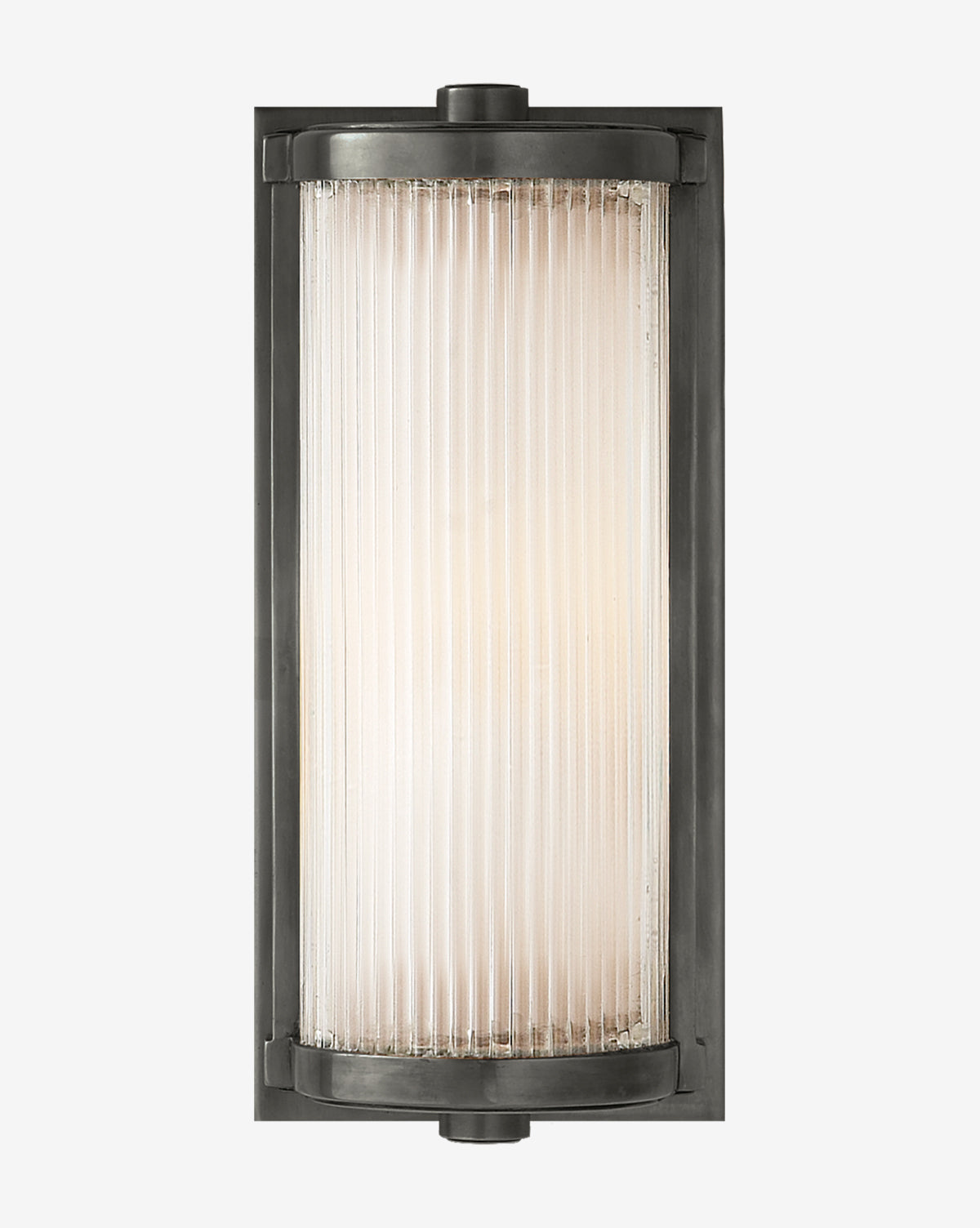 The Dresser Glass Rod Light by Visual Comfort & Co. Signature is a rectangular wall sconce with a black metal frame and fluted frosted glass, diffusing soft light for a bold industrial-modern look. Vendixs