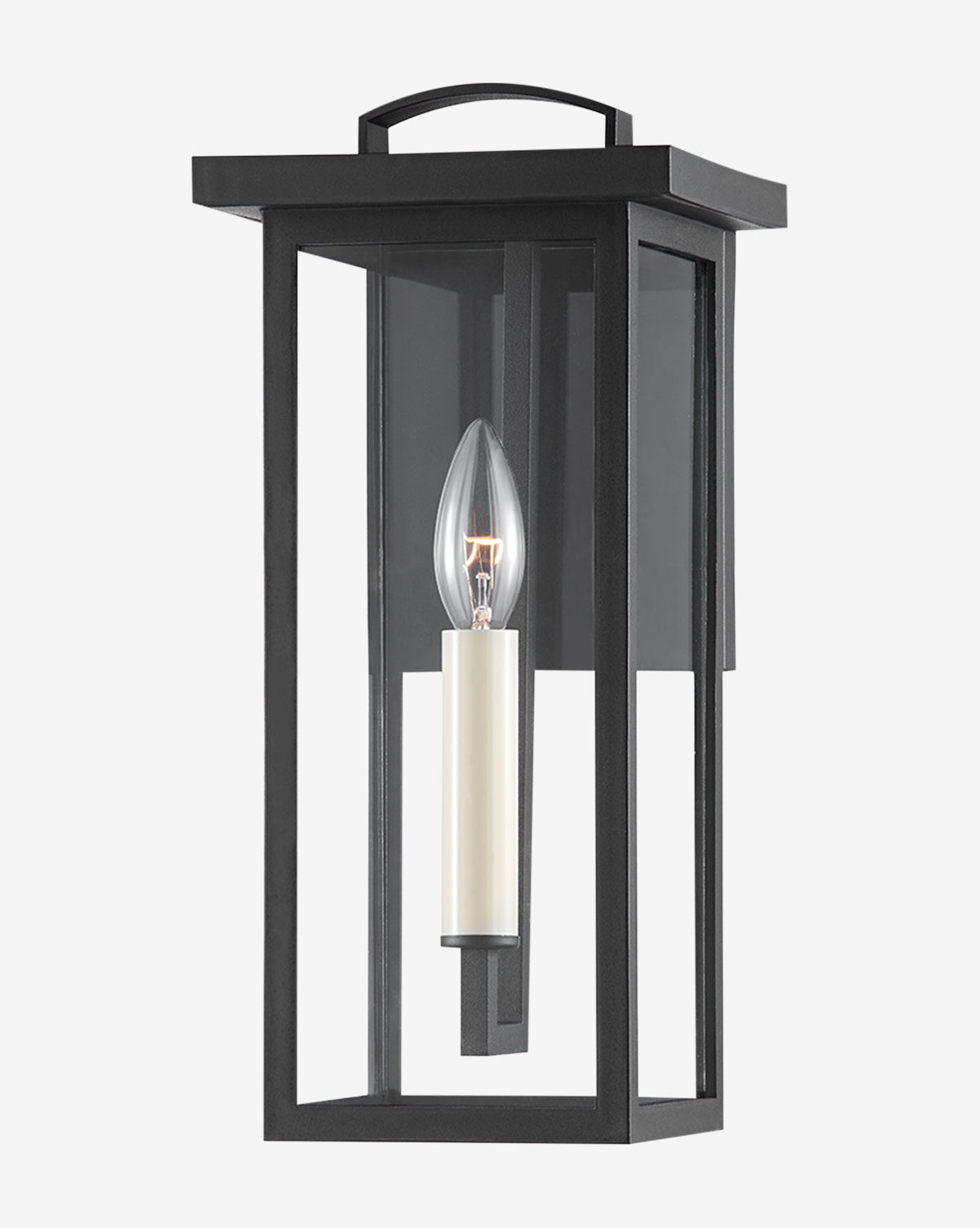 The Eden Wall Sconce by Troy Lighting is a modern black outdoor lantern with a rectangular cage frame, clear glass panels, and a central candle-style bulb by Vendixs