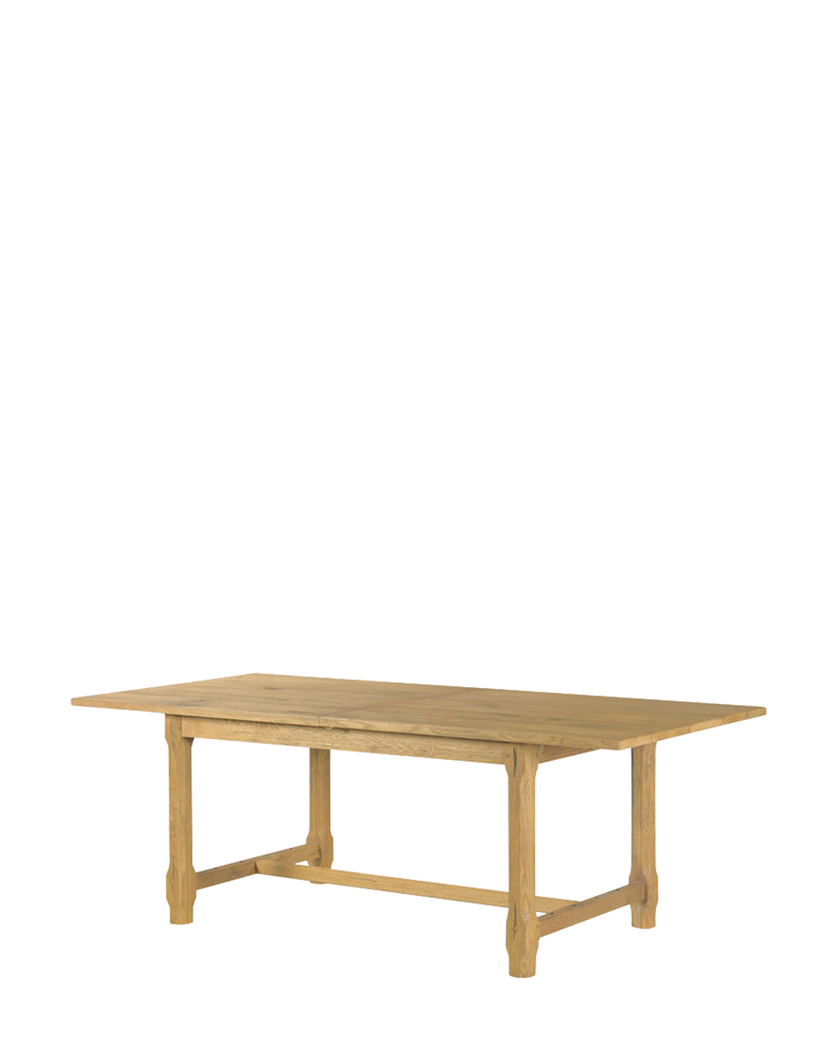 The Elliot Extension Dining Table features a natural finish, sturdy legs with a horizontal support bar, and a classic design, by McGee & Co. Its expandable surface makes it perfect for gatherings of any size.