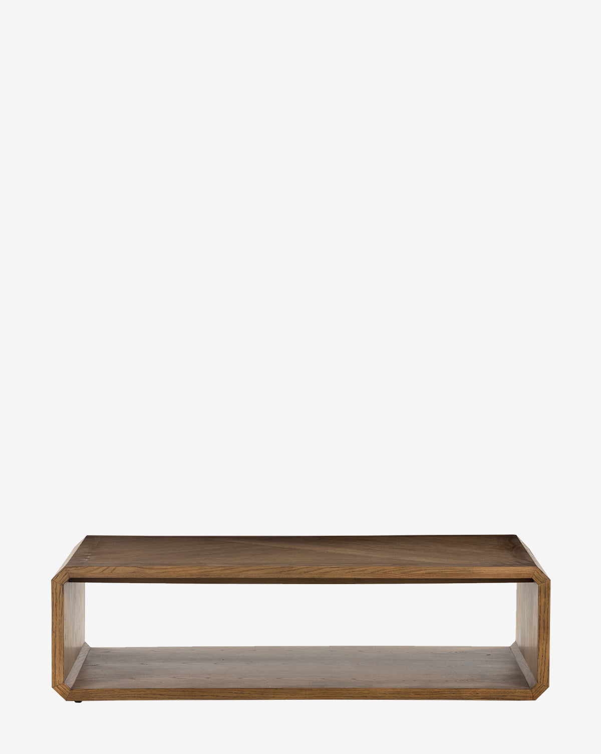 The Ender Coffee Table features a rectangular shape, an open shelf below, and a sleek ash veneer finish, all set against a plain white background by Vendixs