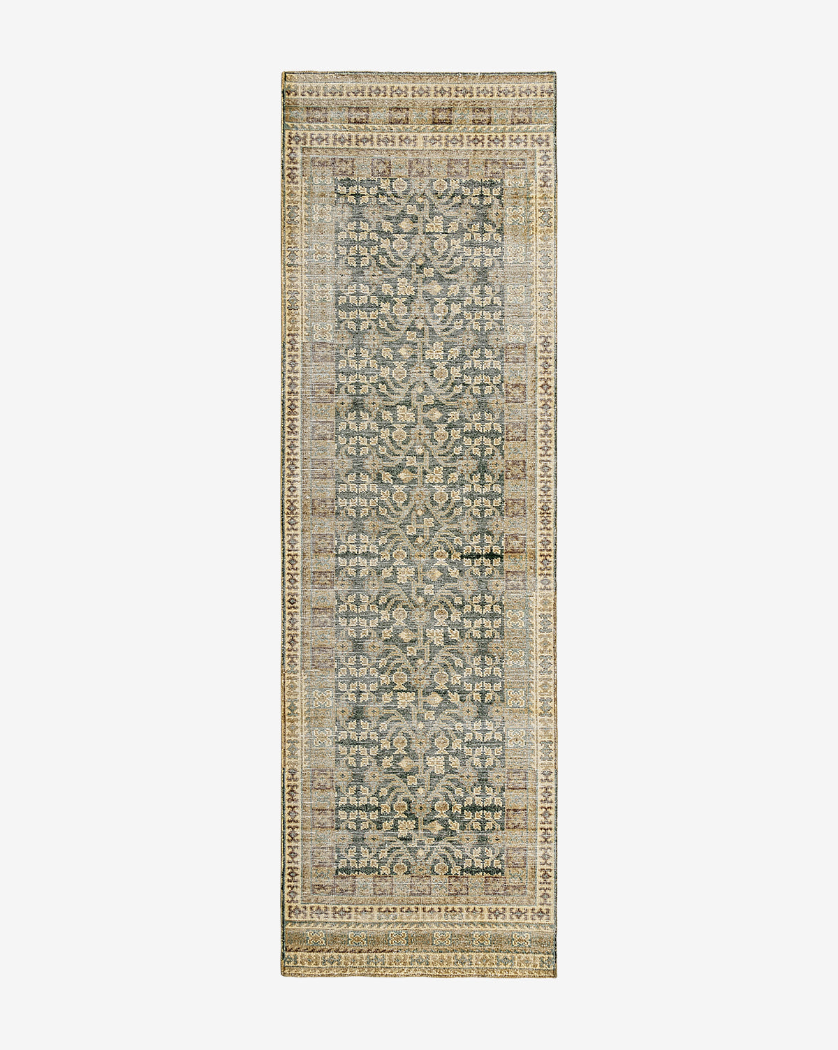The Evangeline Hand-Knotted Wool Rug is a rectangular, vintage-style area rug with a detailed floral and geometric pattern in muted green, beige, and cream tones, finished with an intricate border, by Vendixs