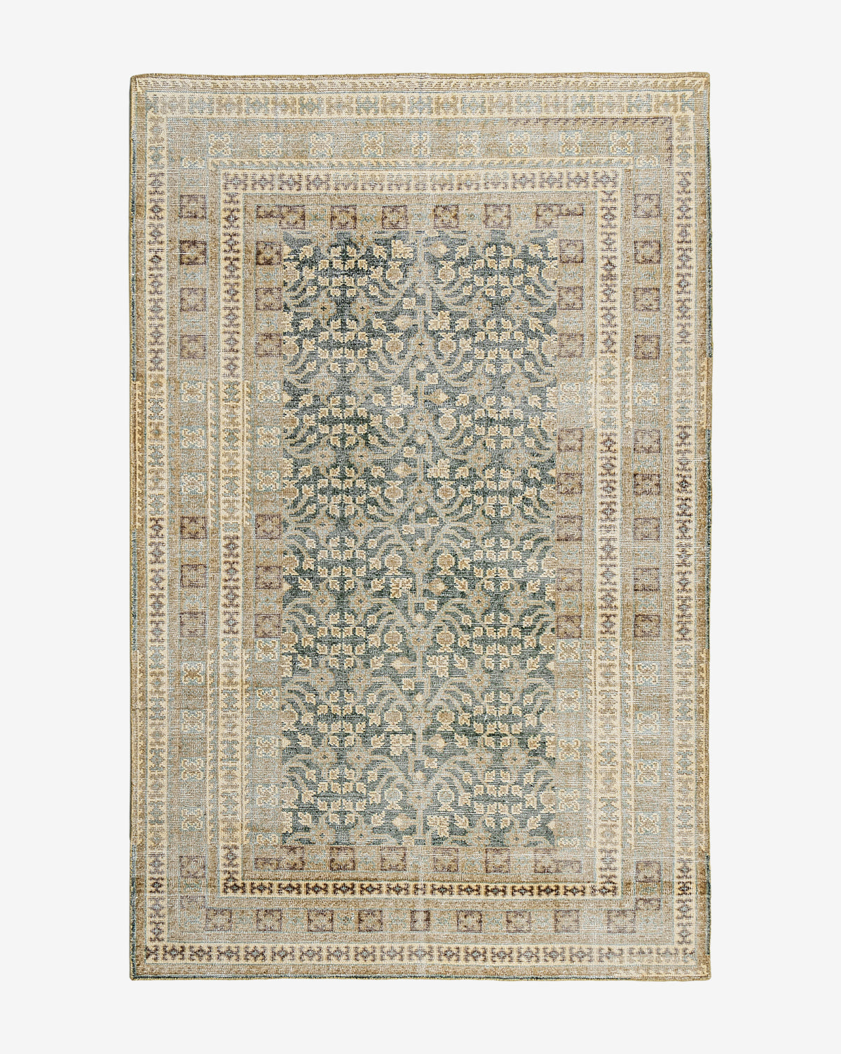 The Evangeline Hand-Knotted Wool Rug is a rectangular area rug with an intricate, symmetrical floral and geometric pattern in muted green, beige, cream, and brown tones, featuring decorative borders and ornate vintage detailing, by Vendixs