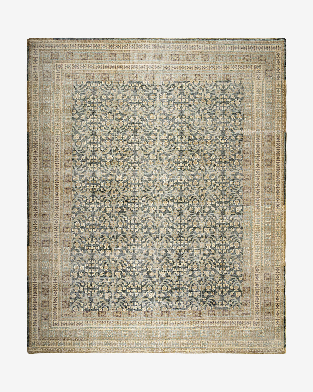 The Evangeline Hand-Knotted Wool Rug features a rectangular shape with intricate floral and geometric patterns in muted blue, beige, and cream tones, framed by multiple decorative borders, by McGee & Co.