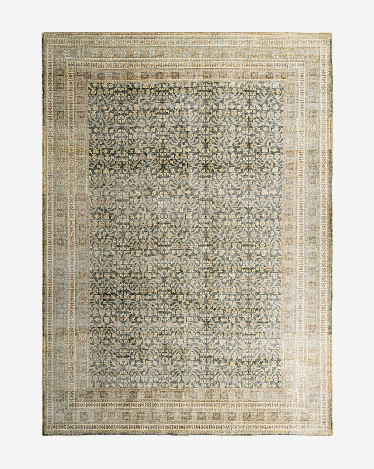 The Evangeline Hand-Knotted Wool Rug features an intricate central botanical pattern with decorative beige, cream, and muted green borders. Its vintage, subtly faded design adds timeless elegance to any space, by Vendixs
