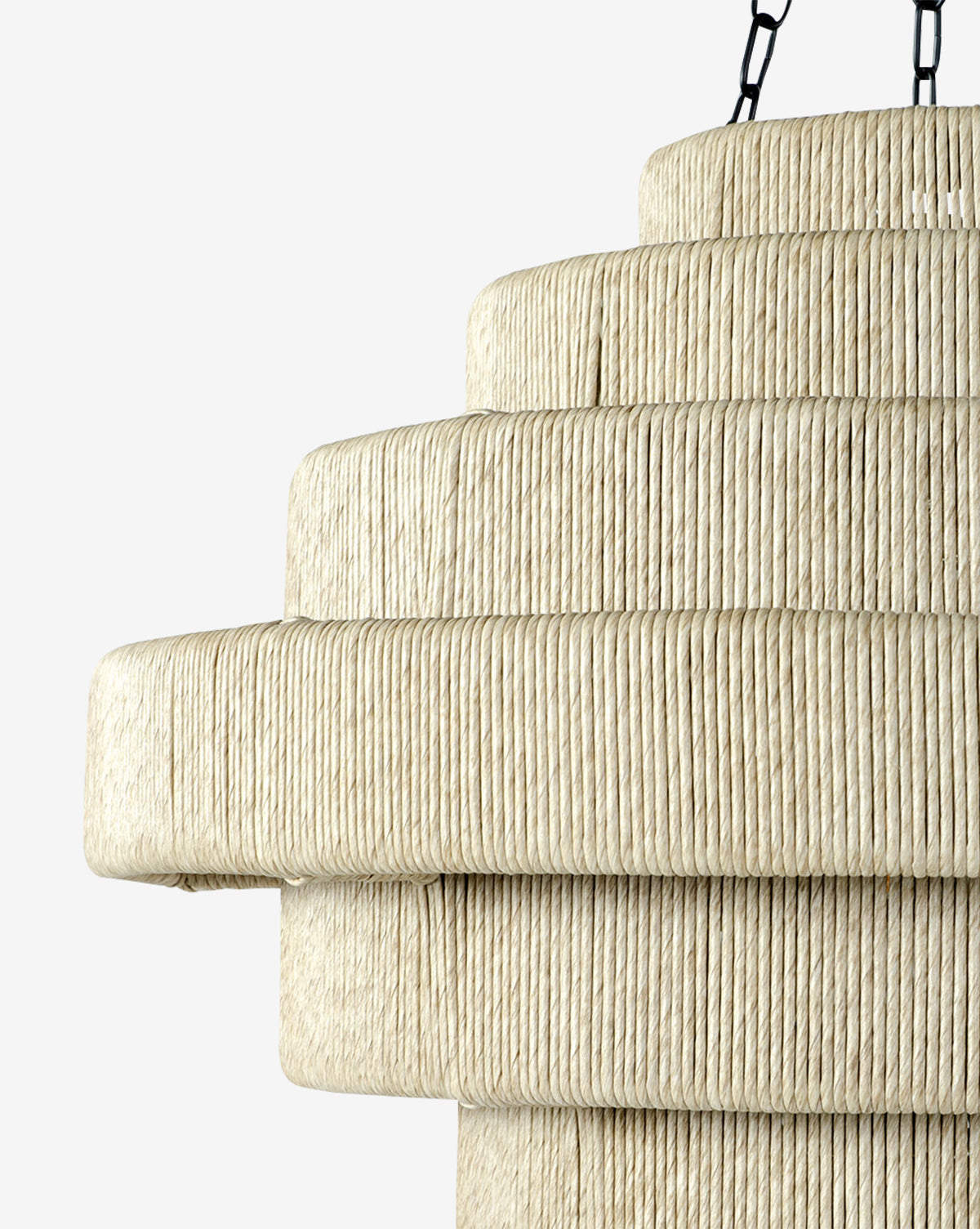 Close-up of the Everly Outdoor Pendant, a beige rope-wrapped tiered lampshade with a black metal chain, shown against a plain white background, by Vendixs