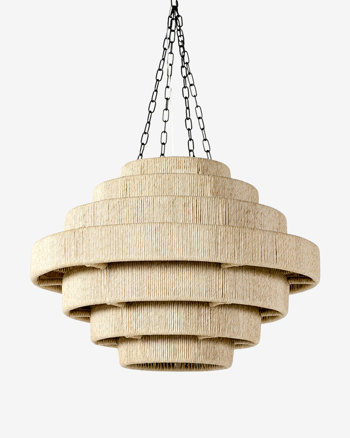 The Everly Outdoor Pendant by Palecek features a tiered, circular design with woven synthetic wicker and four black metal chains—an eye-catching, geometric chandelier perfect for standout lighting. Vendixs
