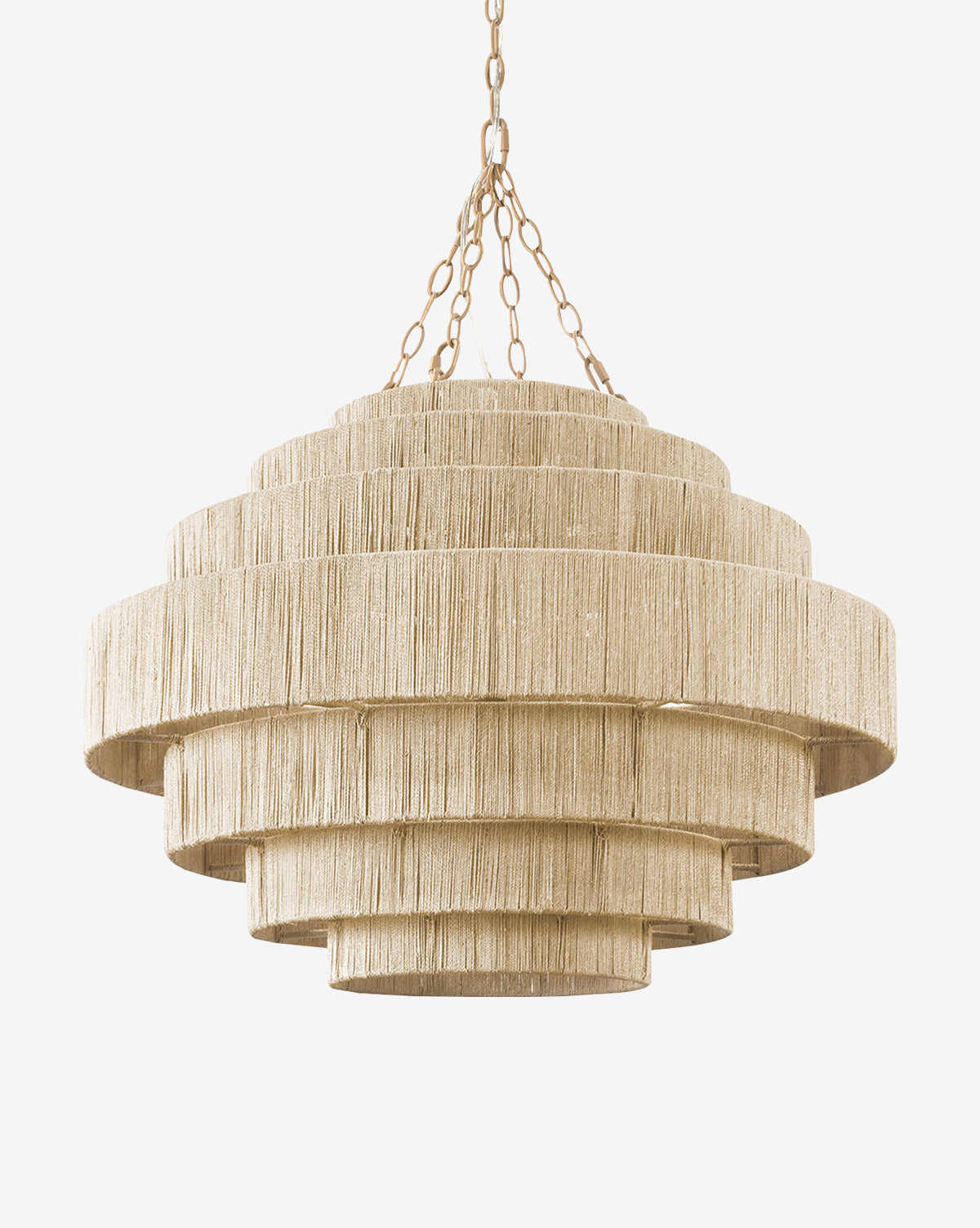 The Everly Pendant by Palecek features cascading, circular tiers wrapped in natural beige fringe, suspended from a gold chain against a plain white background, Vendixs