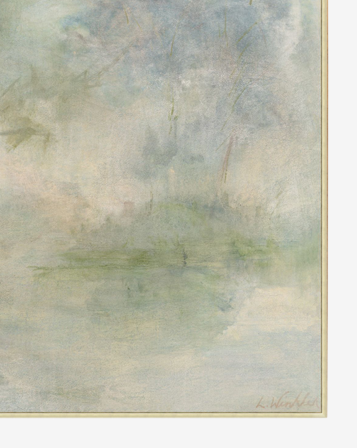 Fading is a soft, pastel watercolor painting showing a serene, misty forest with blurred trees and reflections on calm water. Gentle blends of blue, green, and beige create an ethereal, dreamy atmosphere.
