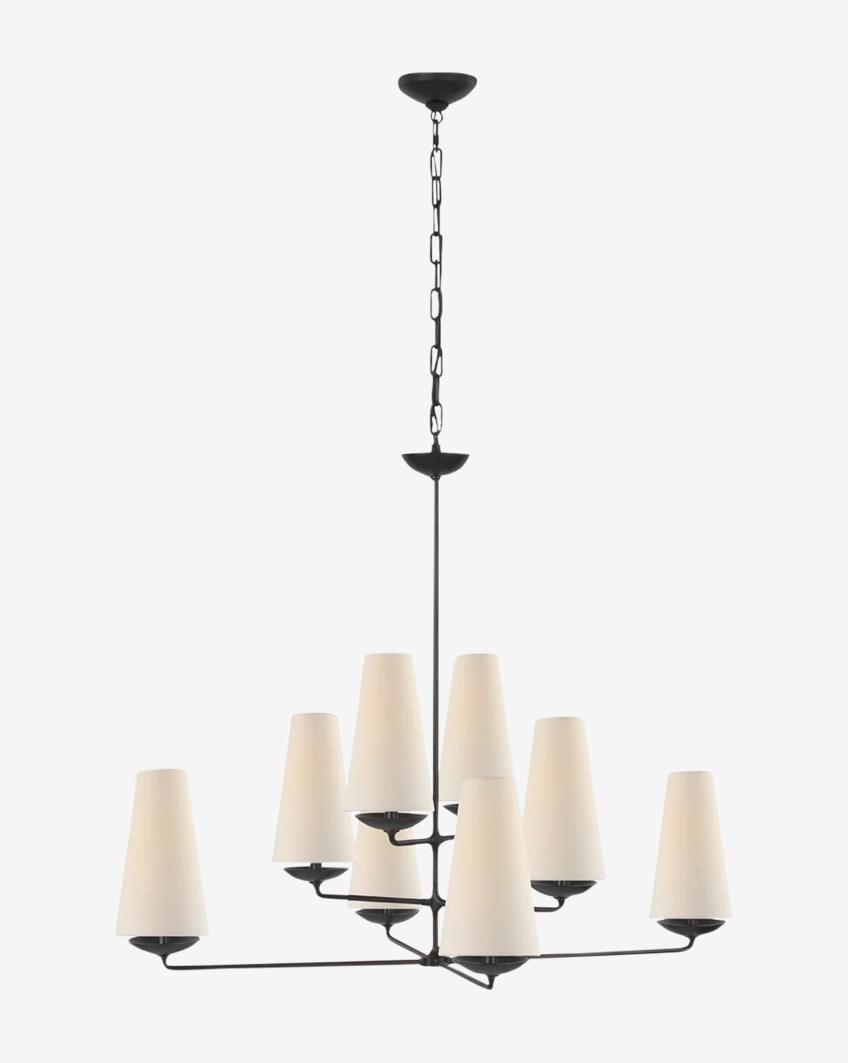 The Fontaine Offset Chandelier by Visual Comfort & Co. Signature features a modern black metal tiered frame with eight white cone shades, chain suspension, and a central rod—a minimalist, elegant candelabra ideal for contemporary spaces. Vendixs