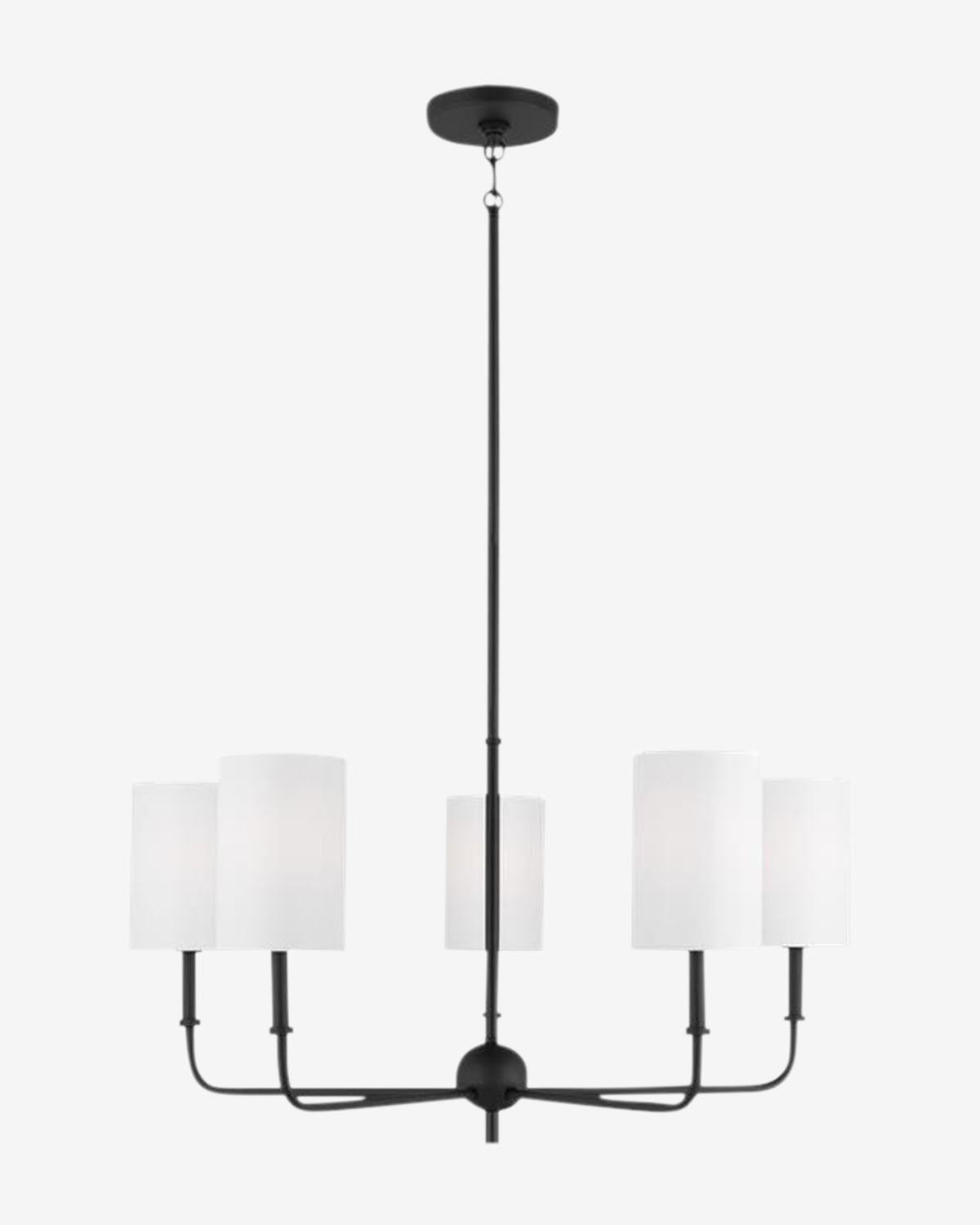 The Foxdale Five Light Chandelier by Visual Comfort Studio – Generation Lighting features evenly spaced arms and white cylindrical lampshades on a sleek central rod, creating a refined silhouette against a plain light backdrop by Vendixs