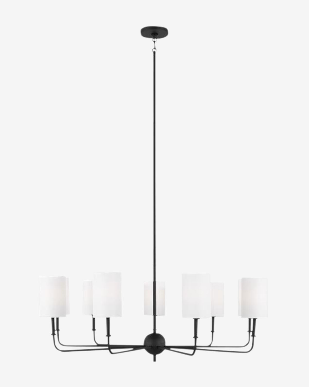 The Foxdale Nine Light Chandelier by Visual Comfort Studio - Generation Lighting features a modern geometric design with nine arms and cylindrical white linen shades, suspended from a central rod against a white backdrop, blending seamlessly with the timeless aesthetic of Vendixs