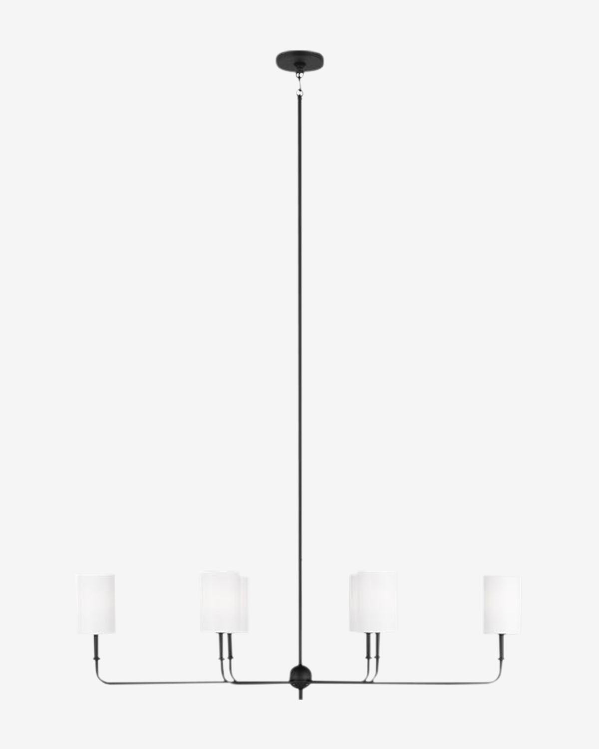 The Foxdale Six Light Linear Chandelier by Visual Comfort Studio - Generation Lighting features six evenly spaced arms with white linen shades, suspended from a central rod and shown against a plain white background. Vendixs