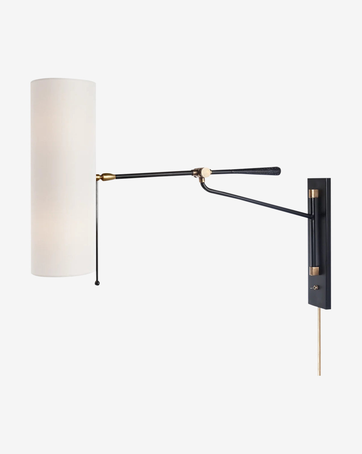 The Frankfort Articulating Wall Light by Visual Comfort & Co. Signature features a black adjustable arm, brass accents, and a large white cylindrical shade—ideal for above your nightstand or as a sleek bathroom mirror lamp. Vendixs