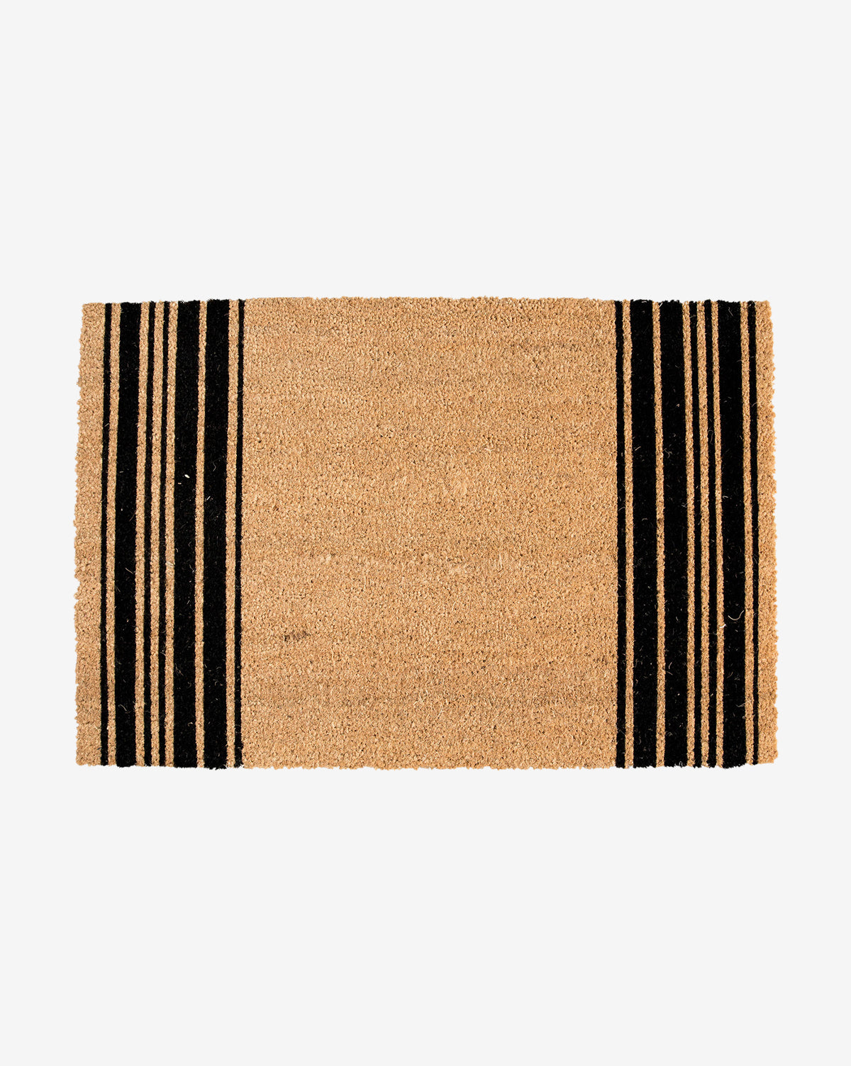 The French Stripe Doormat features a natural brown coir center with black stripes on each short edge, adding classic style to your front door. Shown on a plain white background, it makes a timeless addition to outdoor rug collections by McGee & Co.