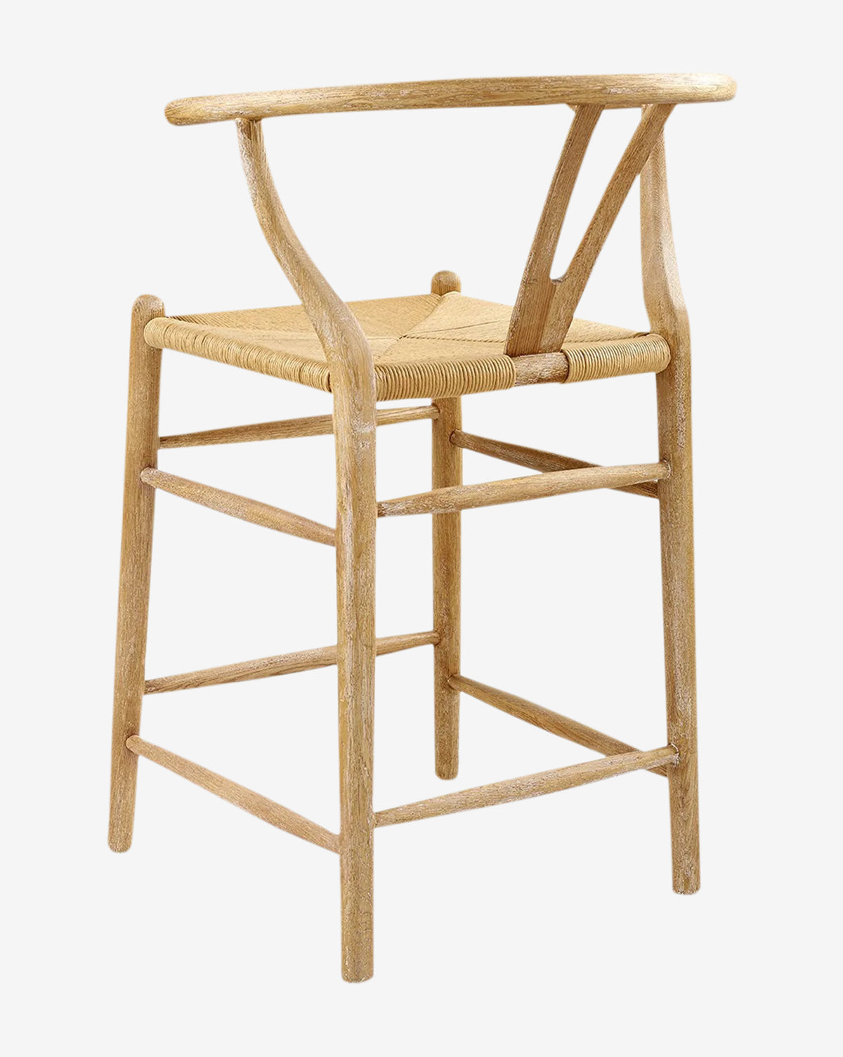 The Gabriel Counter Stool features a light solid oak frame, rope seat, curved backrest, and minimalist Scandinavian-inspired design. Horizontal bars connect the legs for enhanced stability, by McGee & Co.
