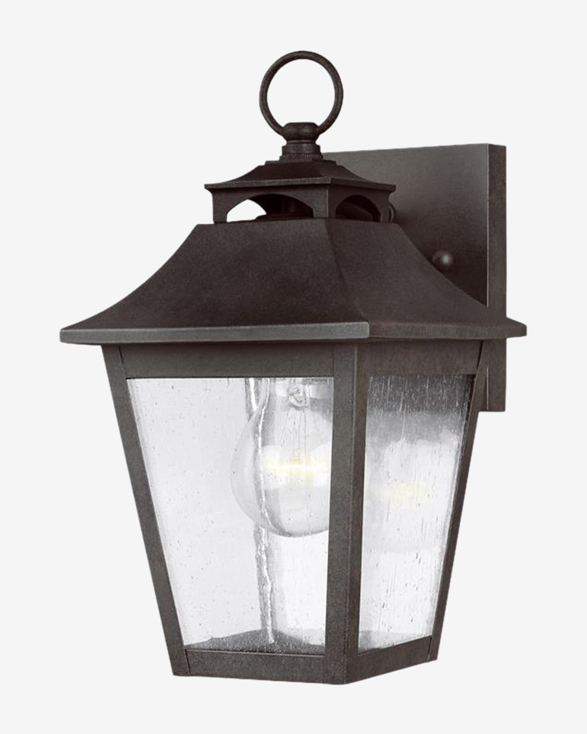 The Galena Outdoor Lantern by Visual Comfort Studio - Generation Lighting is a black metal wall fixture with clear glass panes, a visible bulb, and a decorative top ring—ideal for fans of traditional outdoor lighting. Vendixs