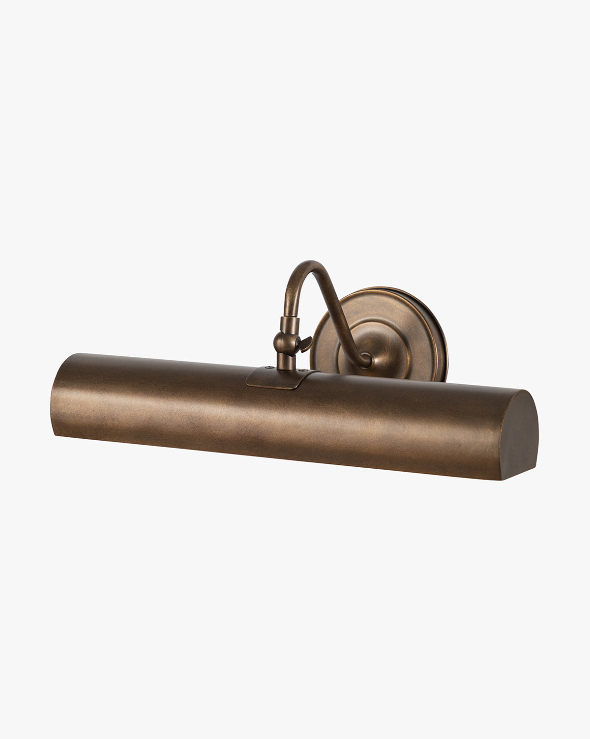 The Makerspalm Gallery Picture Sconce features a burnished bronze finish, cylindrical shade, curved arm, and round base—designed to illuminate artwork or photos with vintage-inspired elegance. Vendixs