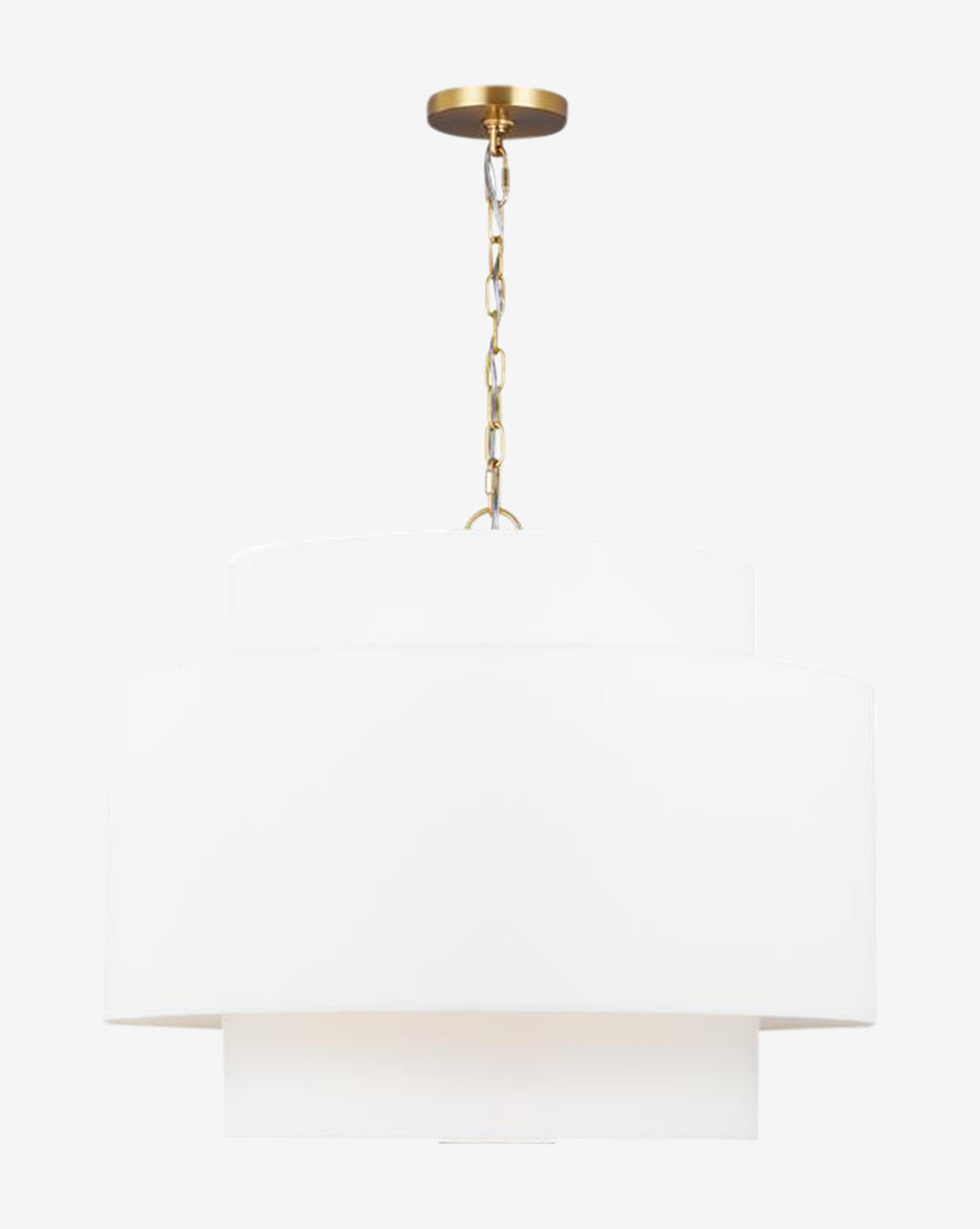 The Glennon Pendant by Visual Comfort Studio – Generation Lighting features a modern white layered shade, suspended by a gold chain and ceiling mount—an elegant lighting choice for any space. Vendixs