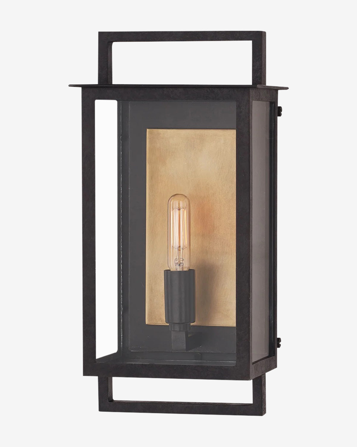 The Visual Comfort & Co. Signature Halle Wall Lantern features a rectangular black metal frame, exposed tubular bulb, and brushed gold backplate—offering aged iron finish and minimalist style for both indoor and outdoor use by Vendixs