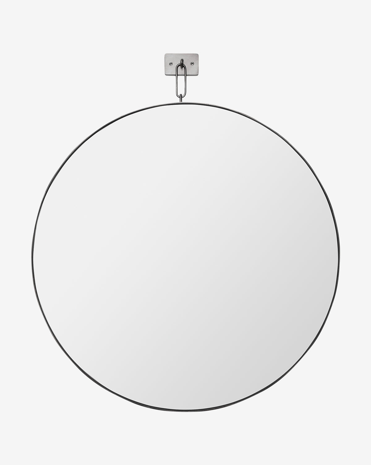 The Haven Wall Mirror, featuring a large, round modern design with a slim black frame, hangs from a small metal bracket and hook against a plain white background, by Vendixs