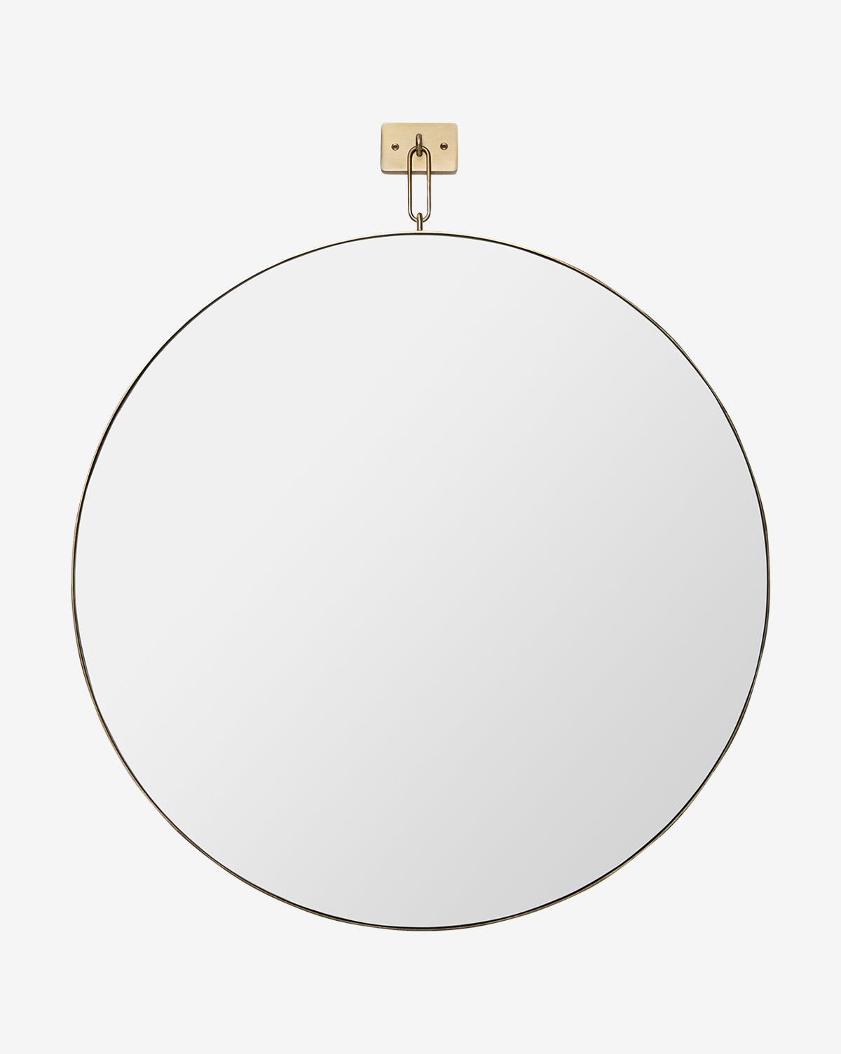 The Haven Wall Mirror is a large, round modern mirror with a slim black frame, hanging from a brass hook on a rectangular brass wall mount, shown against a white background by Vendixs