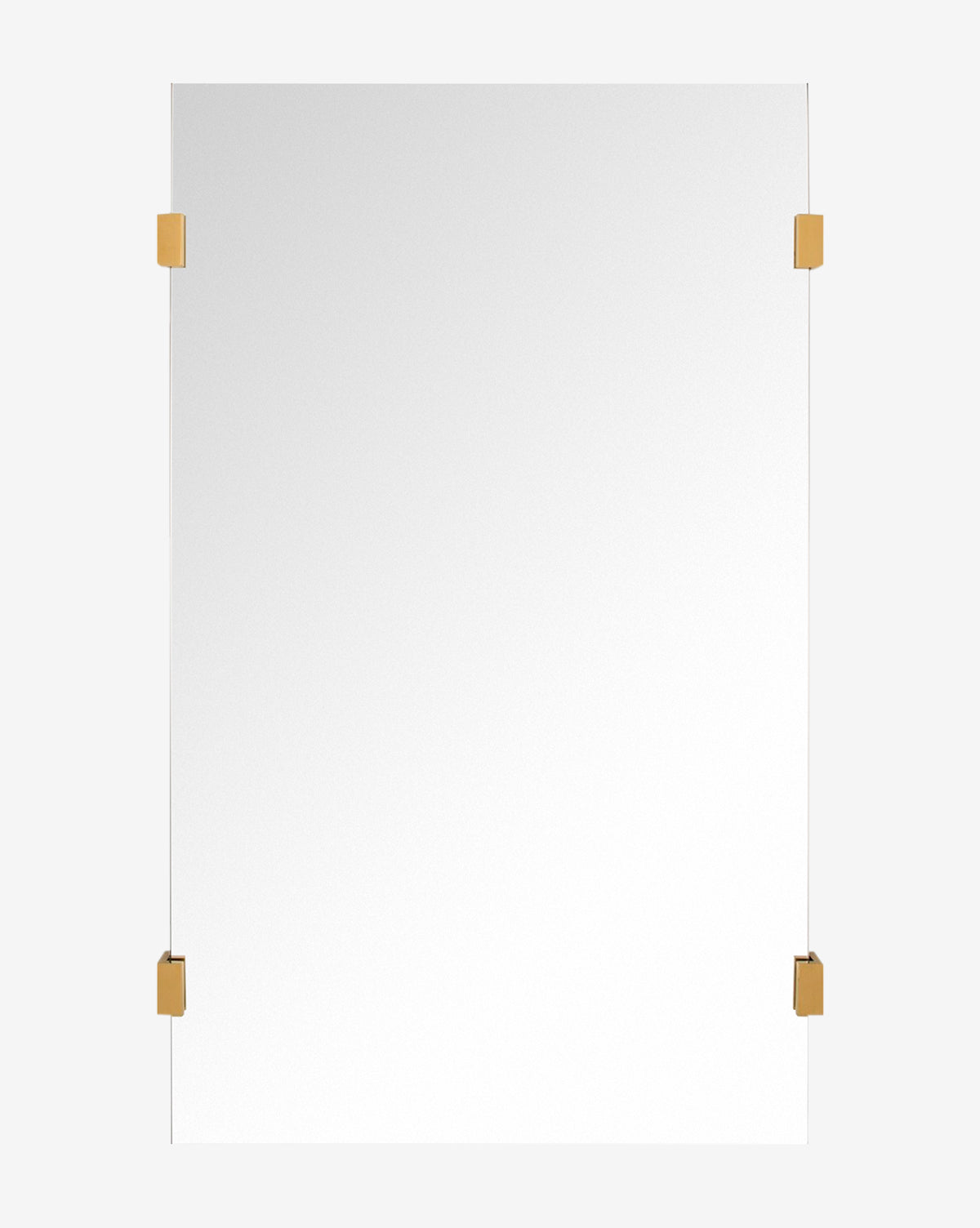 The Ivana Mirror showcases a modern, rectangular frameless design with burnished brass corner brackets, set against a simple background by Vendixs