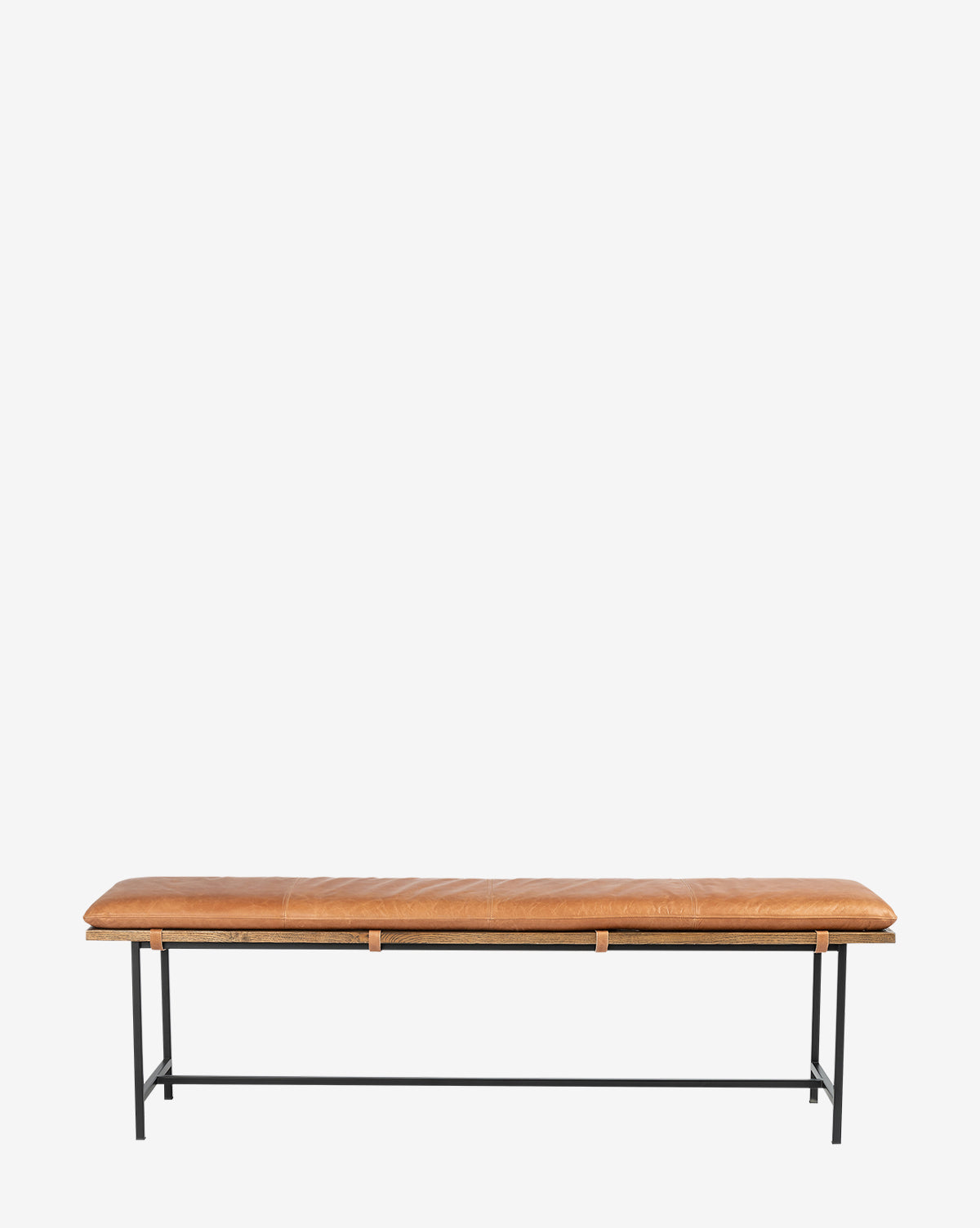 The Jagger Accent Bench features a tan leather cushion and a sleek black metal frame, showcasing transitional style in a minimalist design against a plain white background, by Vendixs