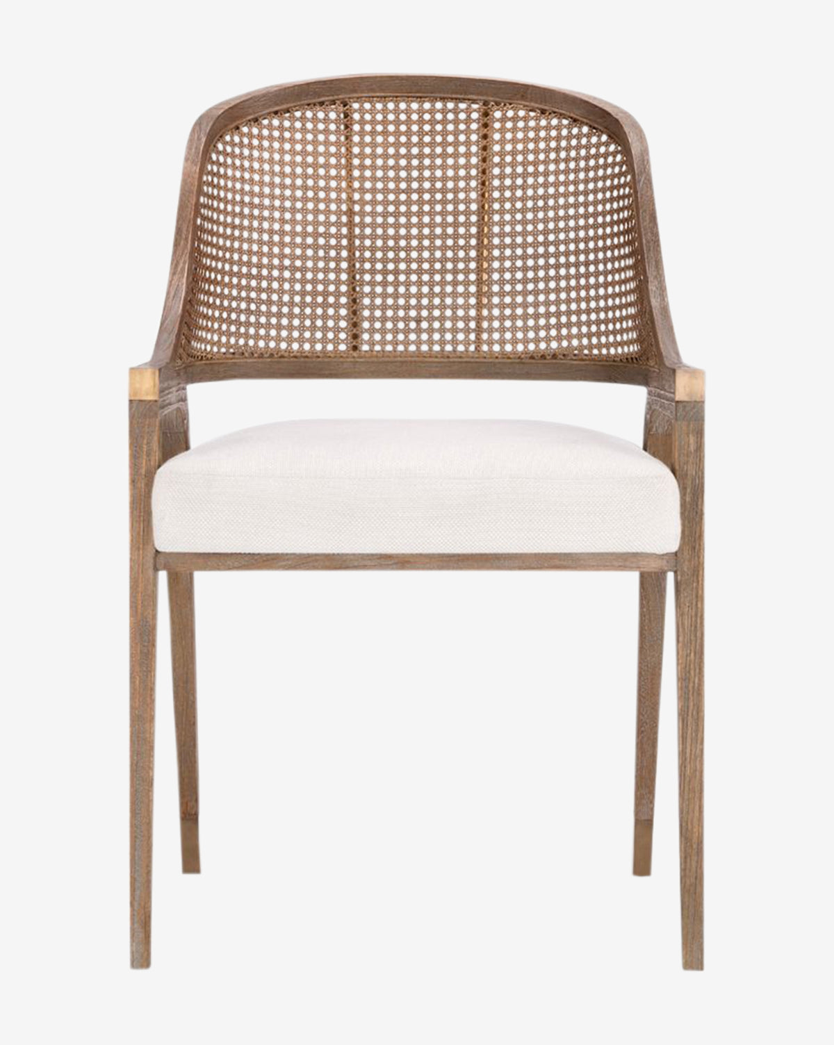 The Jensen Dining Chair, shown from the front on a white background, has a hand-woven cane back, straight armrests, and a white cushioned seat—all crafted from solid Cape Lilac Mahogany, by Vendixs