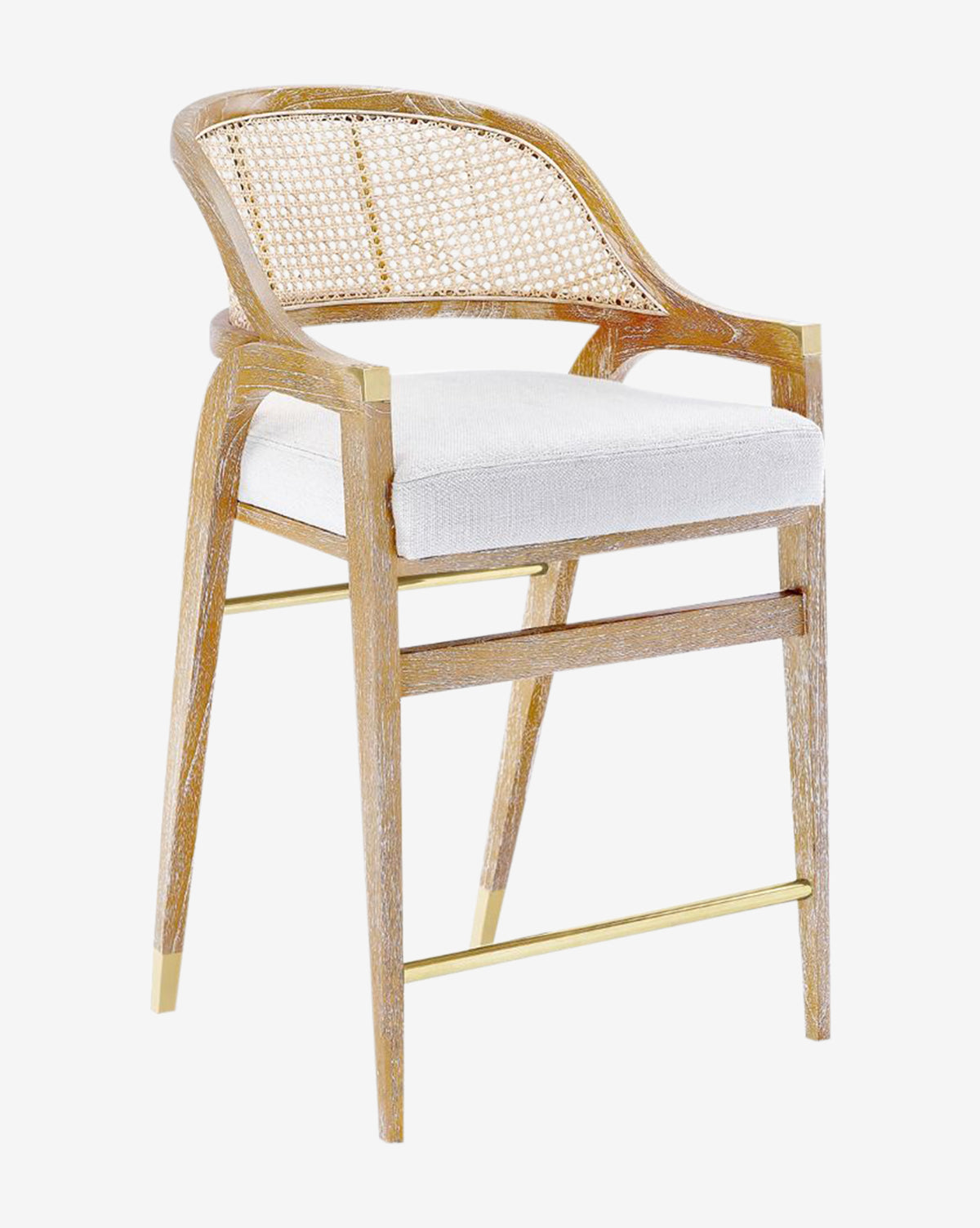 The Jensen Counter Stool has a solid Cape Lilac Mahogany frame, hand-woven cane back, white cushion seat, angled legs, and gold accents on the footrest and leg tips, by Vendixs