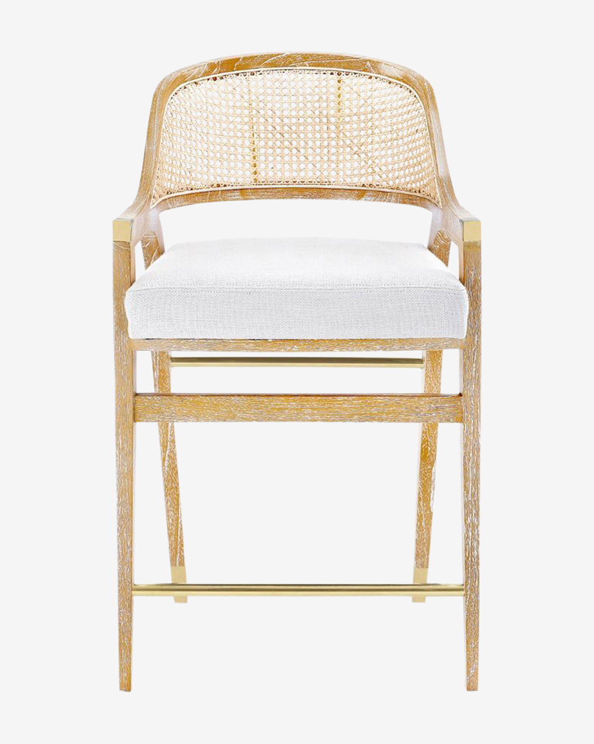 Front view of the Jensen Counter Stool, featuring a solid Cape Lilac Mahogany frame, hand-woven cane back, white cushion seat, and gold metal footrest, shown against a plain white backdrop, by Vendixs