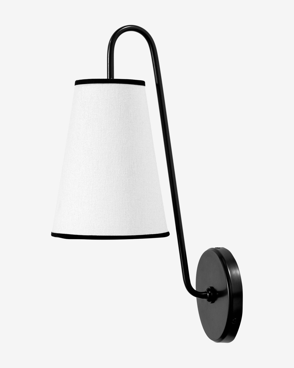 The Jonas Sconce by Makerspalm is a modern black wall sconce with a curved arm and a white linen, cone-shaped shade, shown against a plain light background. Vendixs