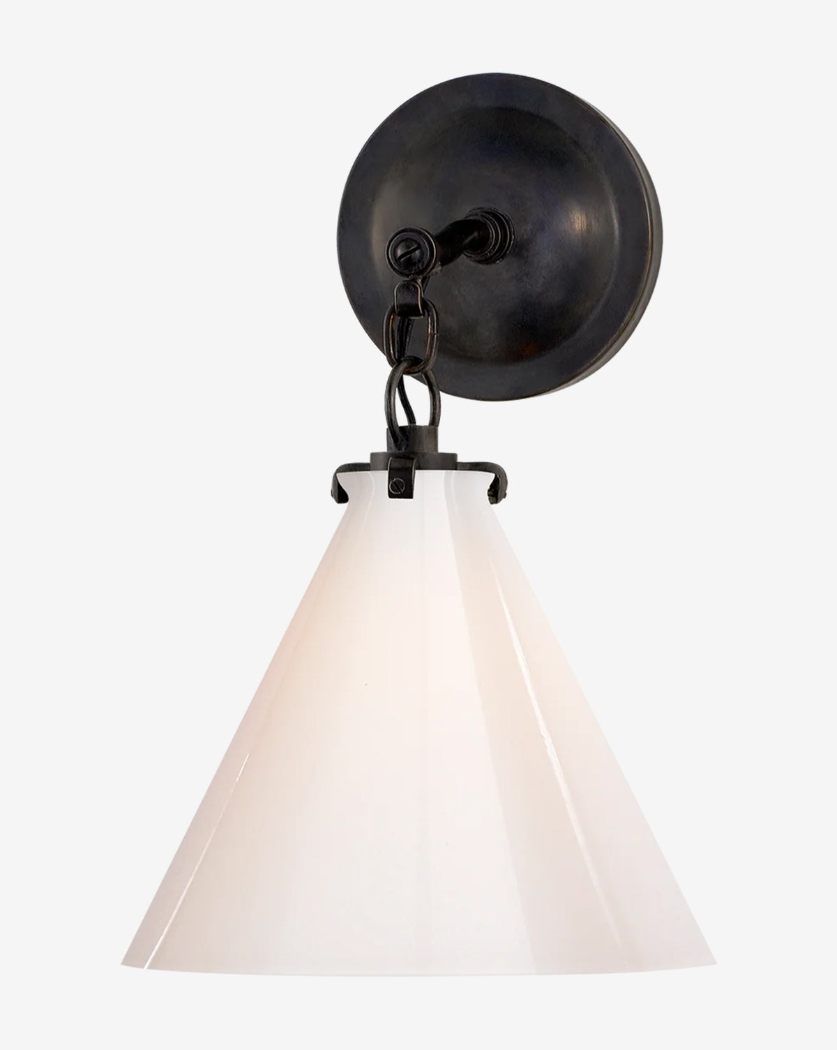 The Katie Conical Sconce by Visual Comfort & Co. Signature is a wall-mounted industrial light with a round dark metal base, chain link detail, and white glass conical shade, by Vendixs