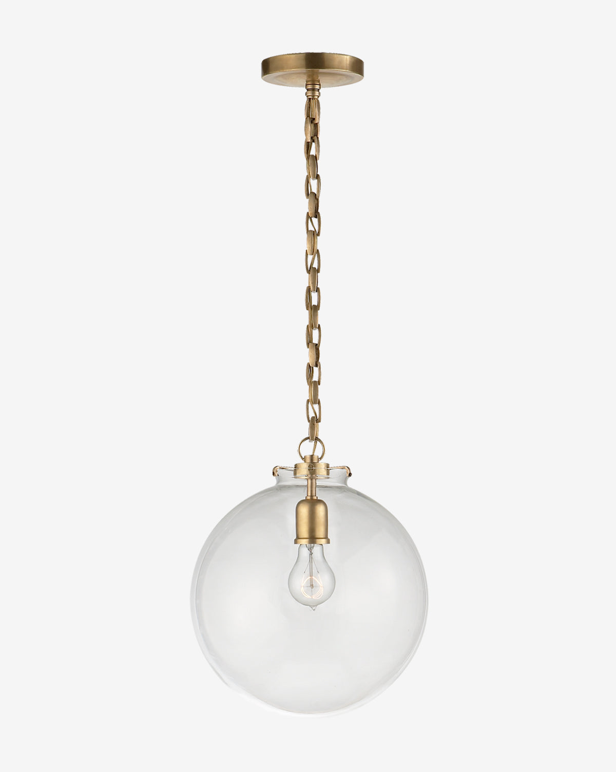 The Katie Globe Pendant by Visual Comfort & Co. Signature features a chain link, clear round glass globe shade, and exposed bulb for a classic look. Vendixs