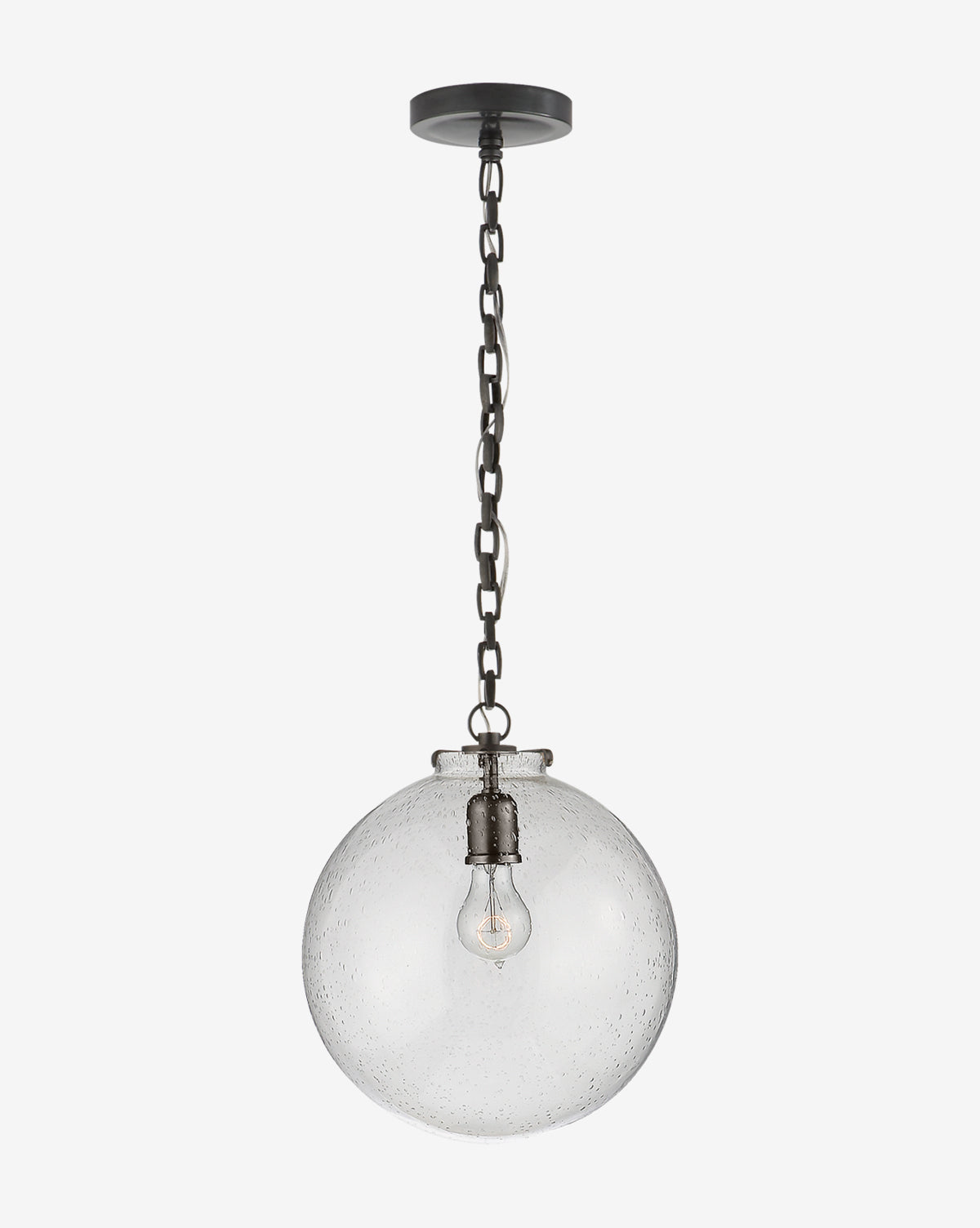 The Katie Globe Pendant from Visual Comfort & Co. Signature features a clear round glass globe suspended by a dark metal chain, showcasing the bulb inside for a timeless, classic style. Vendixs