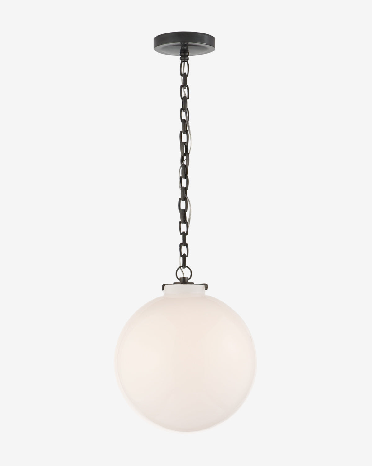 The Katie Globe Pendant by Visual Comfort & Co. Signature features a frosted white glass globe, suspended from a black chain and ceiling mount, seamlessly blending classic charm with modern style by Vendixs