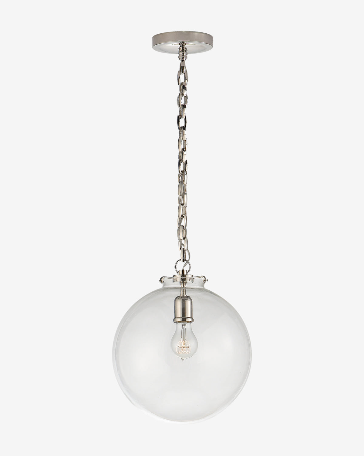 The Katie Globe Pendant by Visual Comfort & Co. Signature features a modern round glass globe with a clear shade, suspended by a silver chain and showcasing a visible bulb for a sleek update on classic pendant lighting. Vendixs