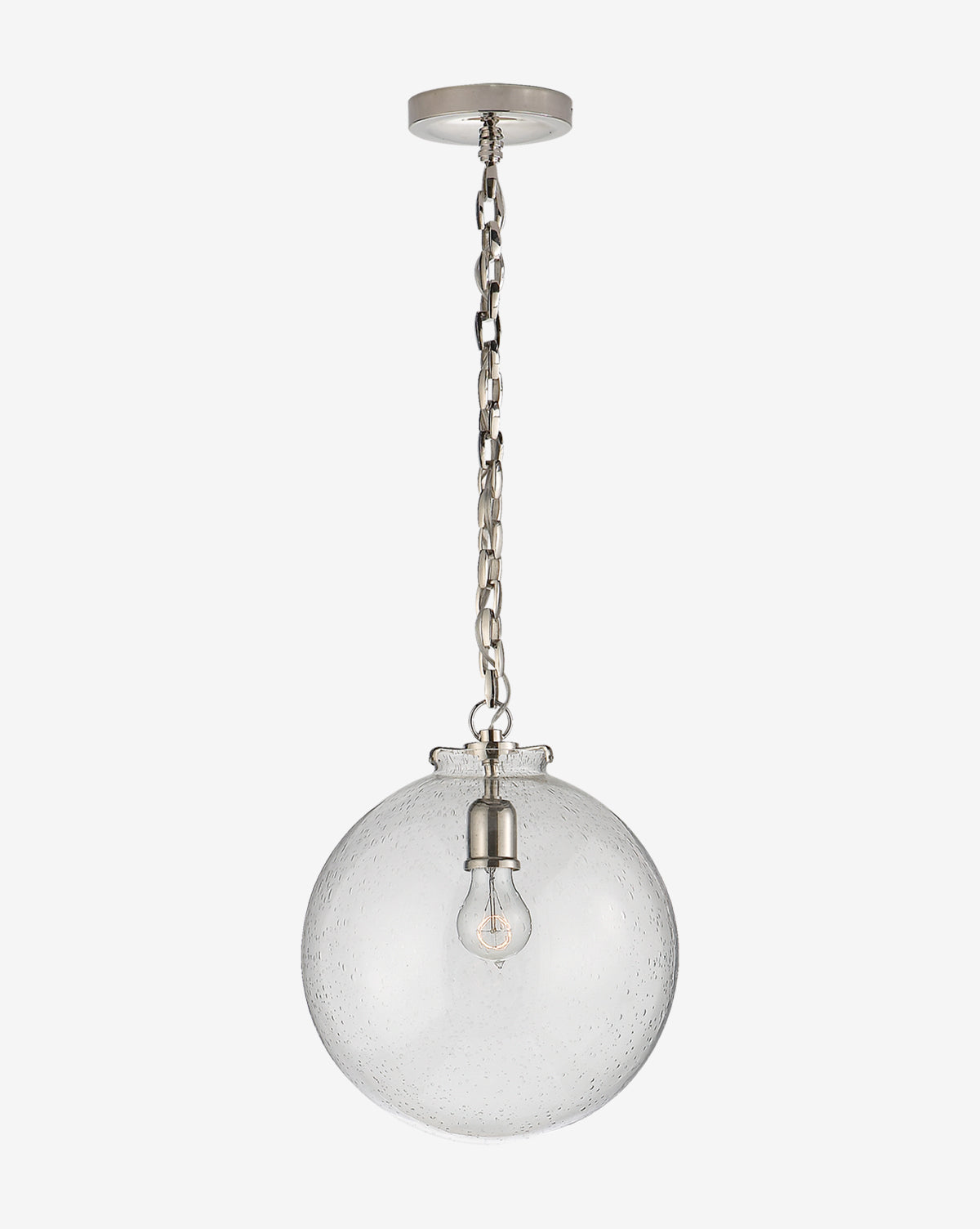 The Katie Globe Pendant by Visual Comfort & Co. Signature features a modern round glass shade and visible bulb, hanging from a chain link and ceiling mount for a sleek, minimalist look. Vendixs