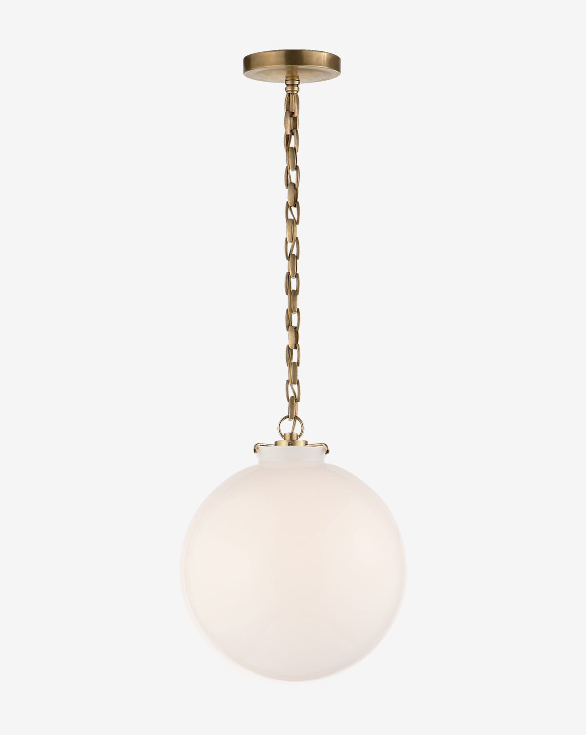 The Katie Globe Pendant by Visual Comfort & Co. Signature features a modern round glass globe with a frosted shade, suspended from a brass chain link and ceiling mount, shown against a white background by Vendixs