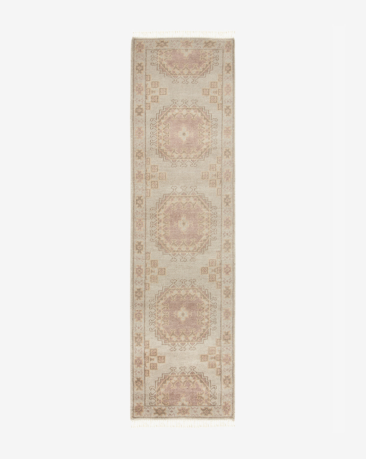 The Kenna Hand-Knotted Wool Rug features a rectangular, vintage design in muted beige, pink, and tan tones with four central medallions and ornate borders, all displayed against a white background, by Vendixs
