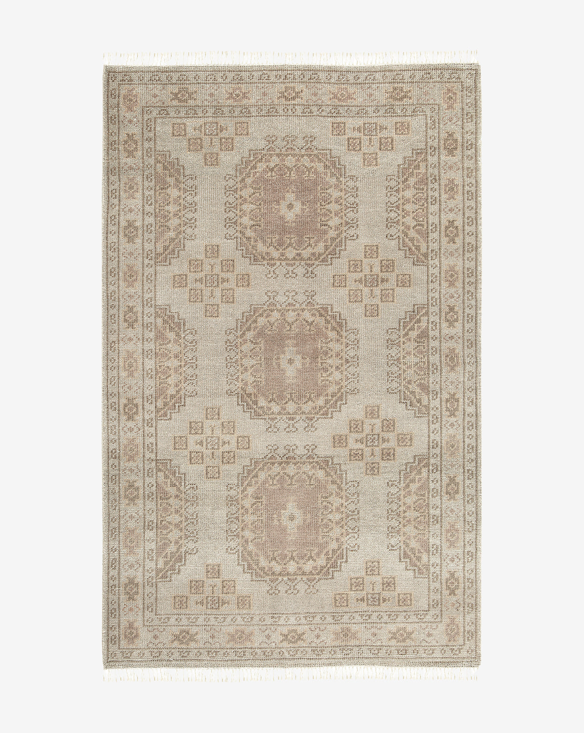 The Kenna Hand-Knotted Wool Rug features a traditional rectangular design with geometric medallions, intricate borders, and fringes in beige and light brown, adding timeless elegance to any space, by Vendixs