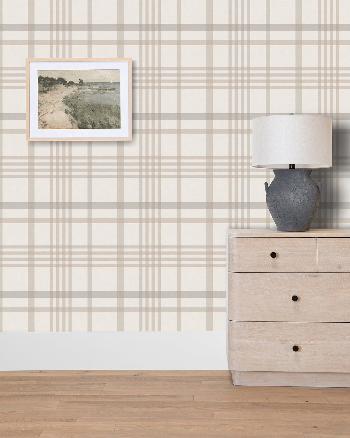 Custom plaid wallpaper in soft neutral tans and cream from Vendixs