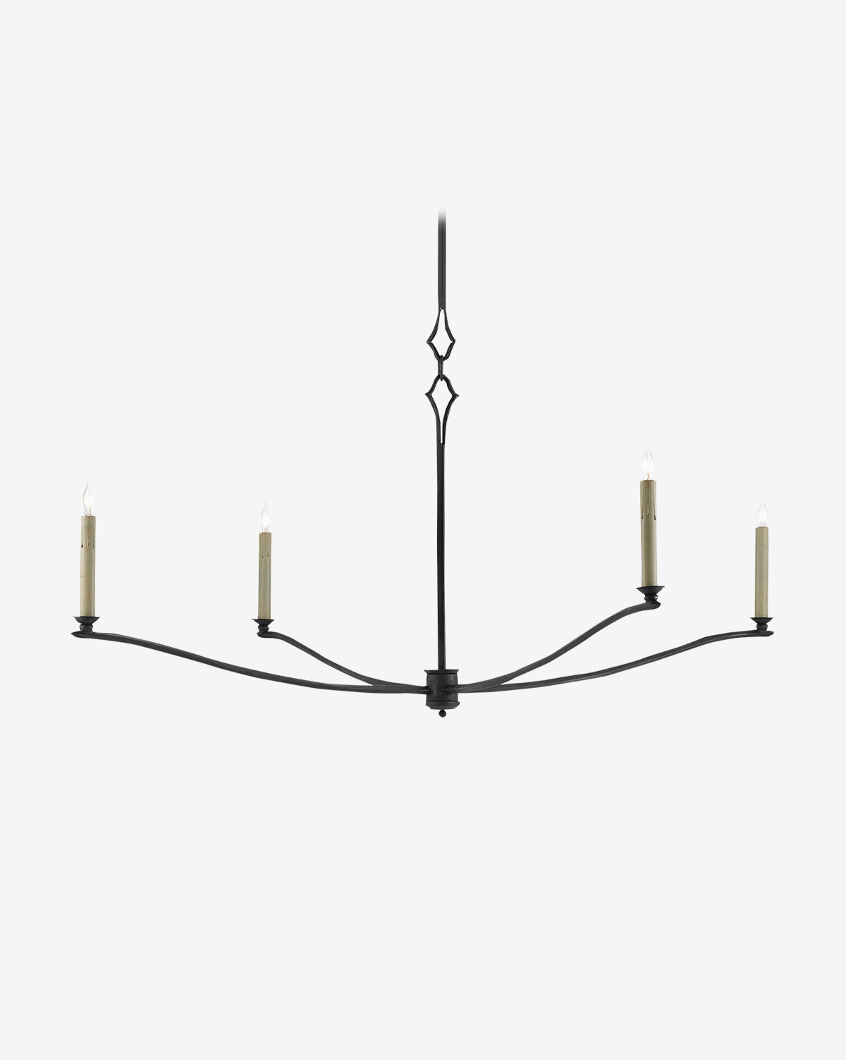 The Knole Chandelier by Currey & Co. features a minimalist black wrought iron design with four candle-style bulbs on extended arms, hanging from a decorative central rod against a white background. Vendixs