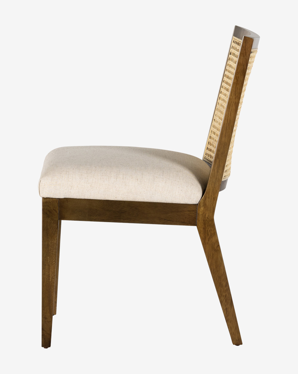 Side view of the Landon Dining Chair, showcasing a high-performance beige upholstered seat and a refined cane-backrest design, by McGee & Co.